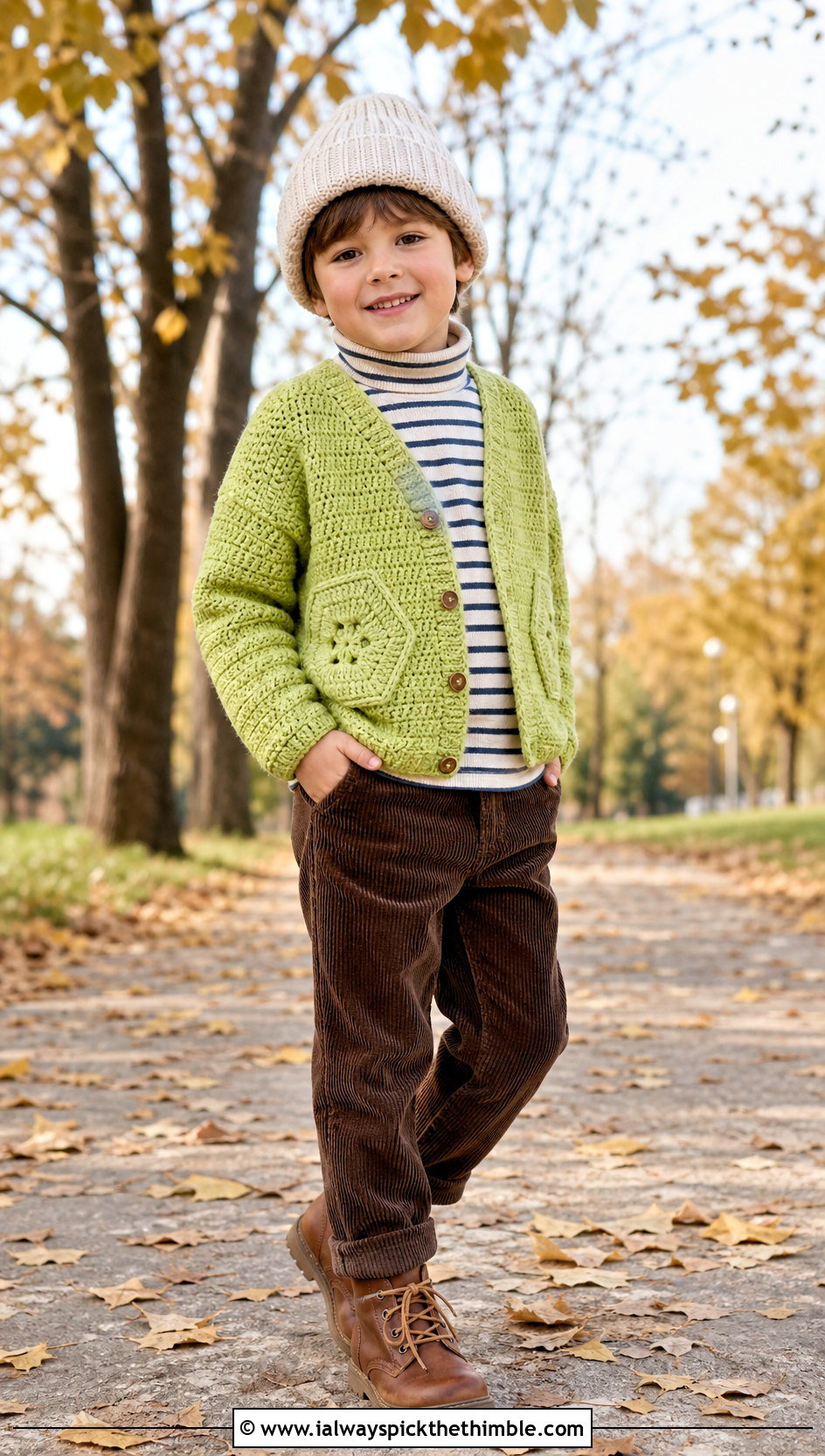 Pocketed Childs Hexagon Cardigan With Corduroy Pants - 15 Crochet Childs Hexagon Cardigan outfit ideas