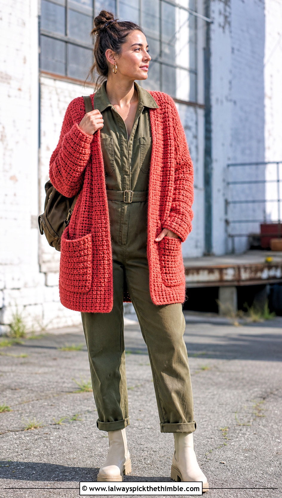 Pocketed Chunky Crochet Cardigan With Utility Jumpsuit - 25 chunky crochet cardigan outfit ideas