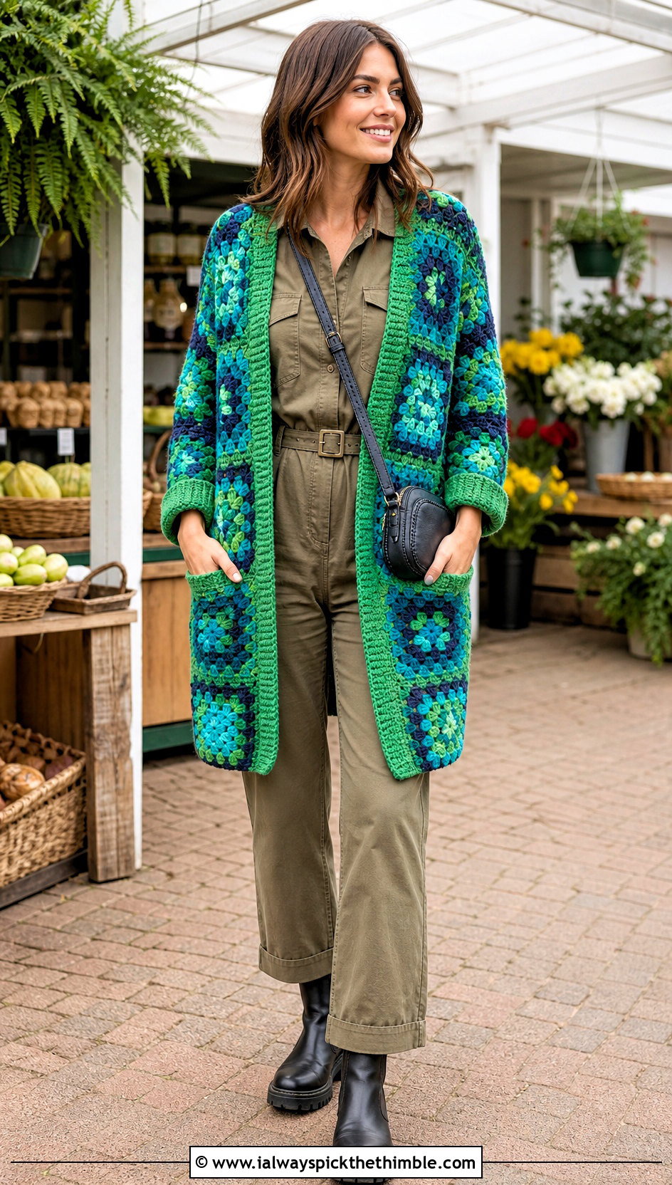 Pocketed Chunky Granny Square Cardigan With Utility Jumpsuit - 25 Chunky Granny Square Cardigan outfit ideas