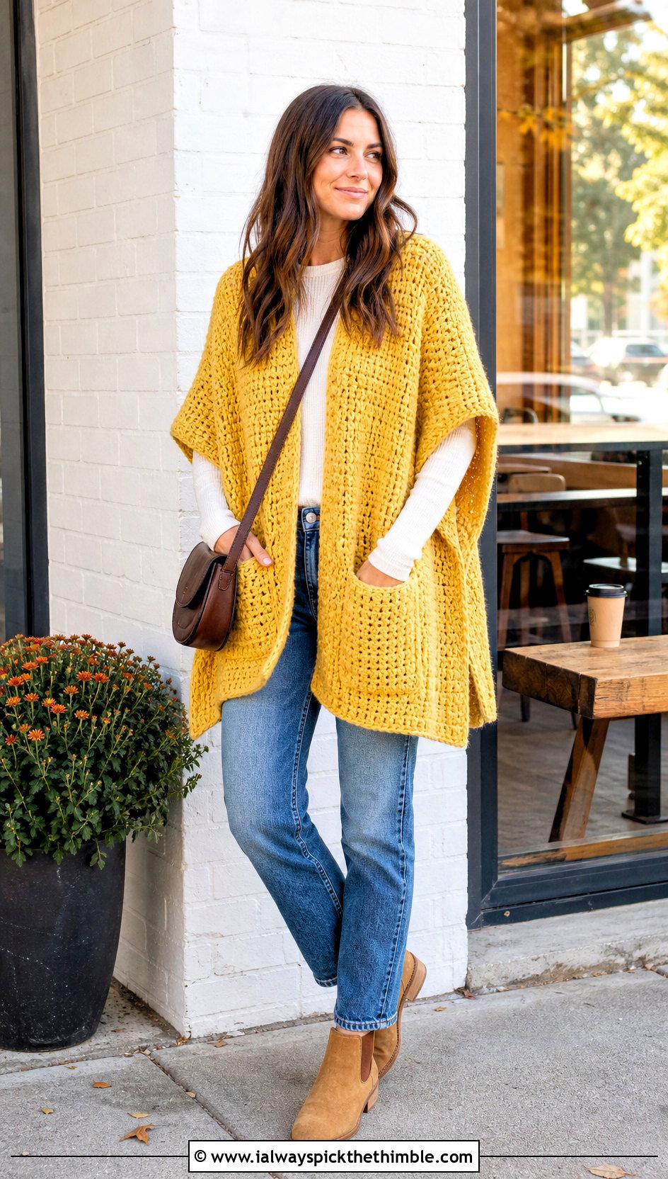 Pocketed Chunky Yarn Crochet Poncho With Straight Leg Jeans - 20 Chunky Yarn Crochet Poncho outfit ideas