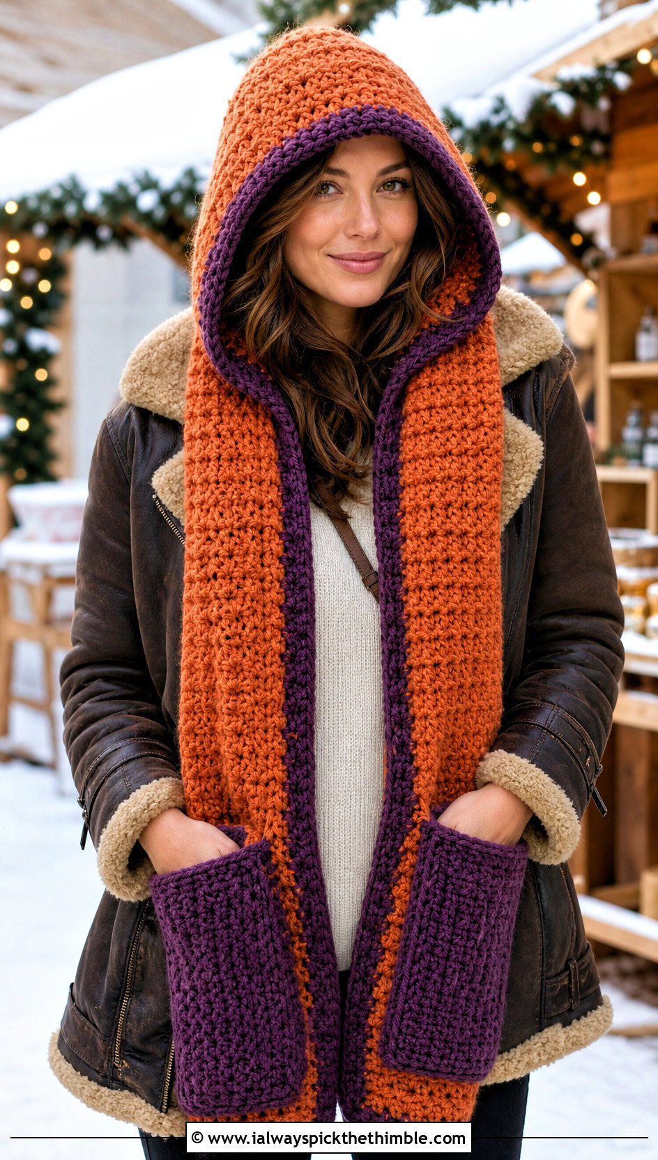 Pocketed Crochet Cap Scarf With Shearling Jacket - 20 Crochet Cap Scarf outfit ideas