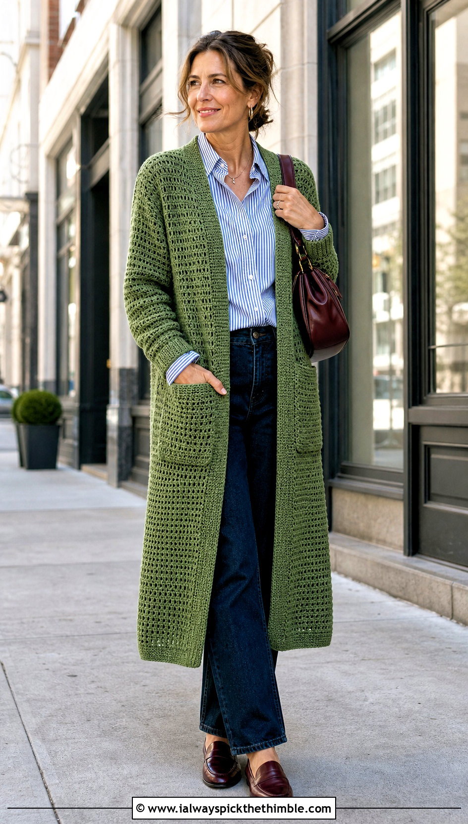 Pocketed Crochet Duster Cardigan With Shirt And Jeans - 20 crochet long cardigan sweater coats outfit ideas