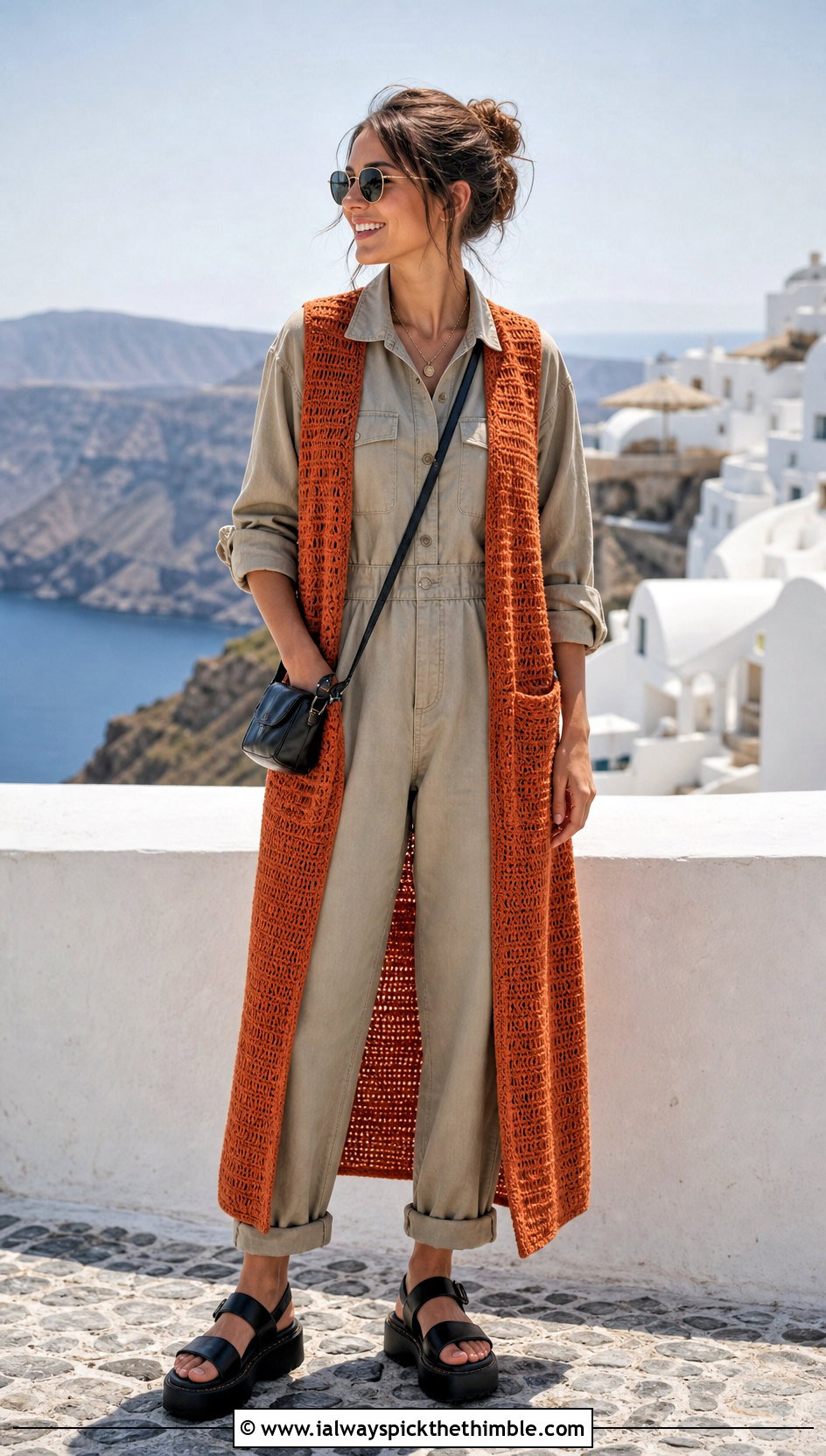 Pocketed Crochet Duster Vest With Utility Jumpsuit - 20 crochet duster vest outfit ideas
