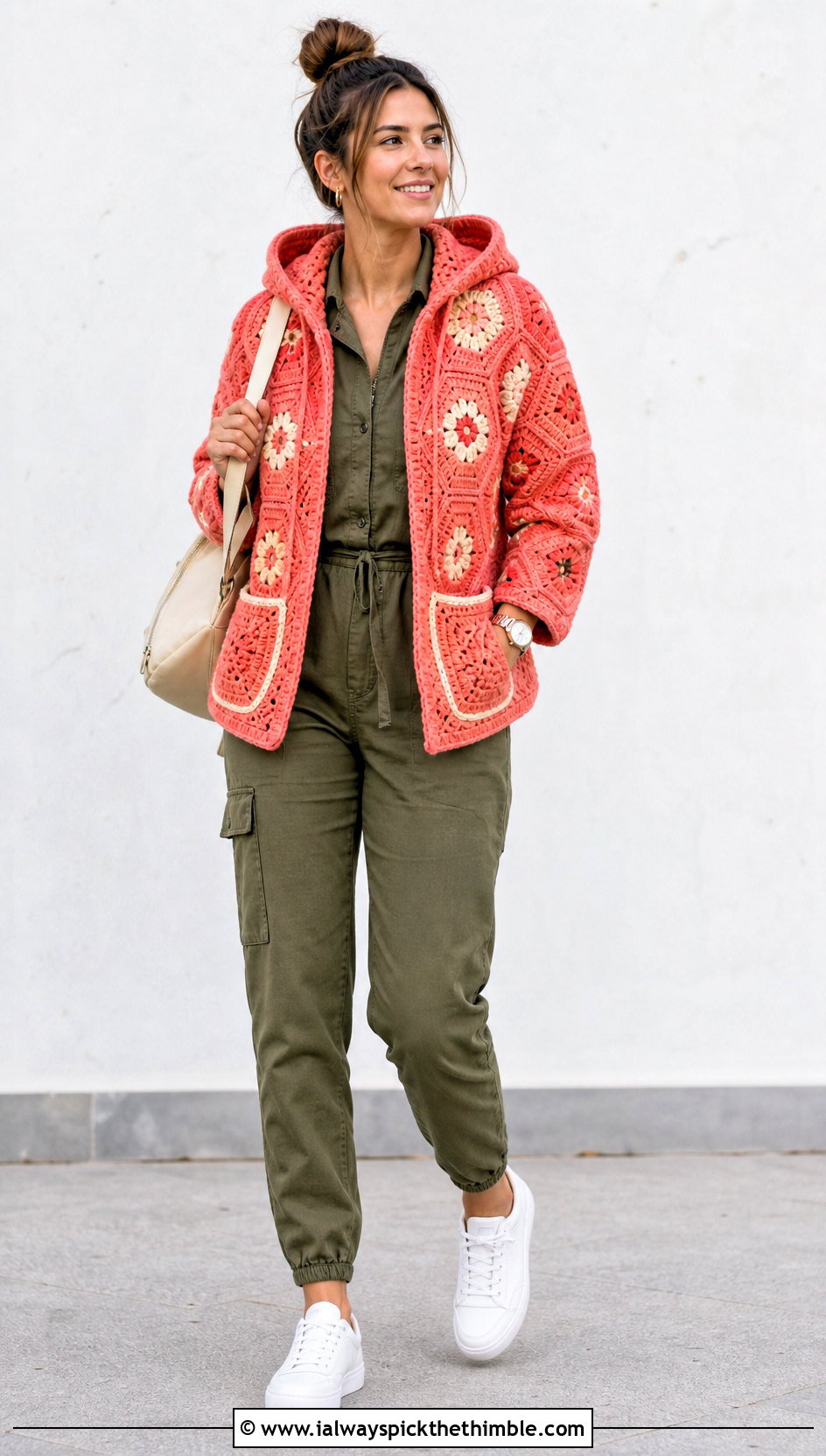 Pocketed Crochet Hexagon Hoodie With Utility Jumpsuit - 20 crochet hexagon hoodie outfit ideas