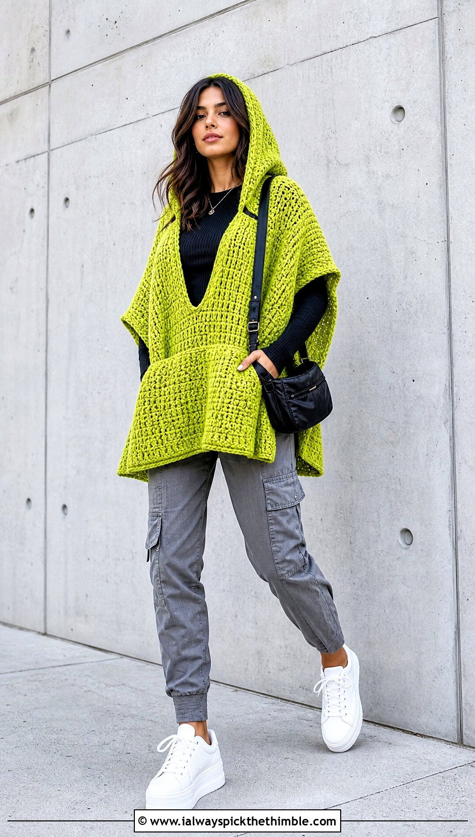 Pocketed Crochet Hooded Poncho With Cargo Pants - 25 Crochet Hooded Poncho outfit ideas