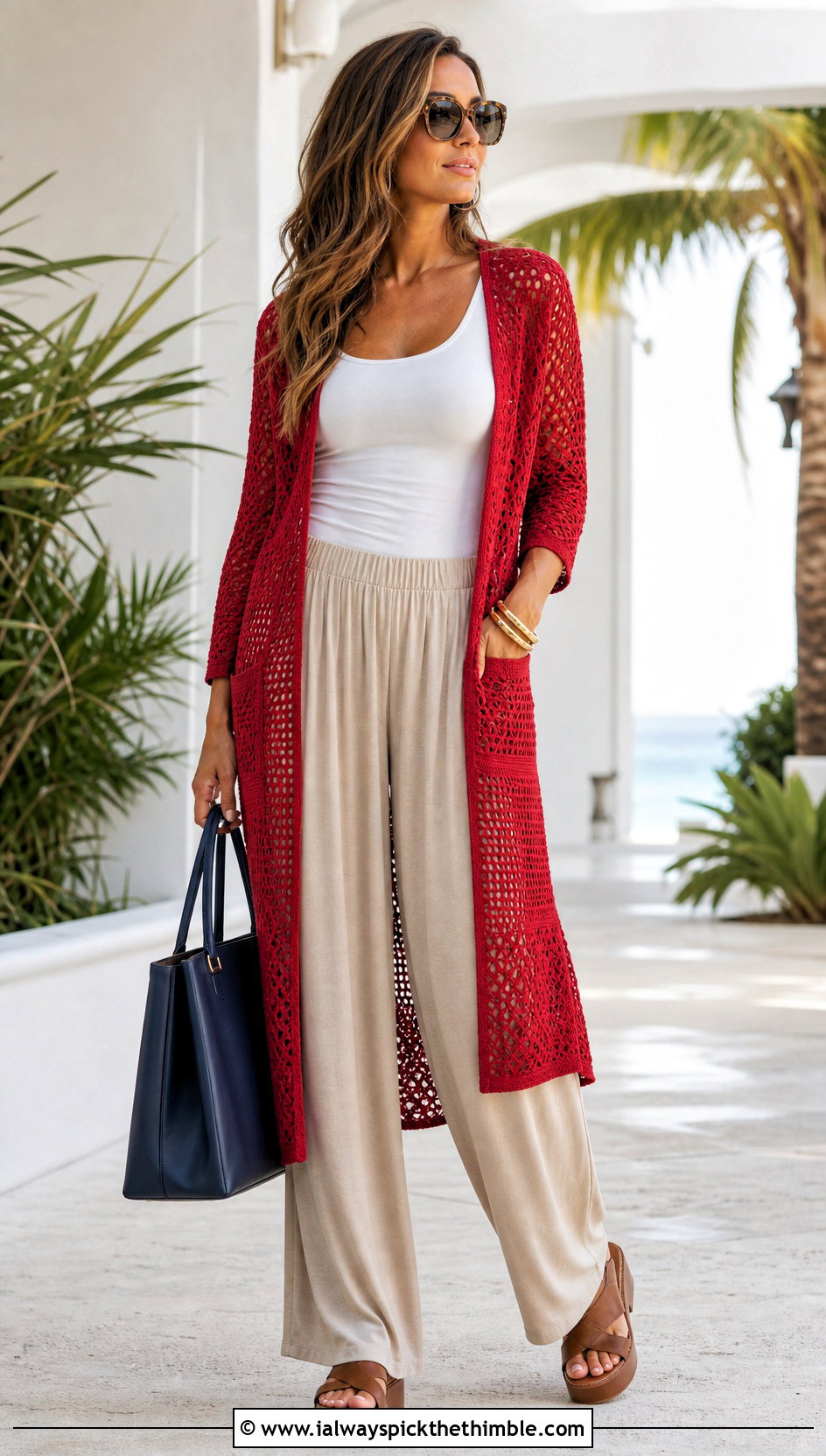 Pocketed Crochet Long Cardigan With Tank And Palazzo Pants - 25 crochet long cardigan outfit ideas