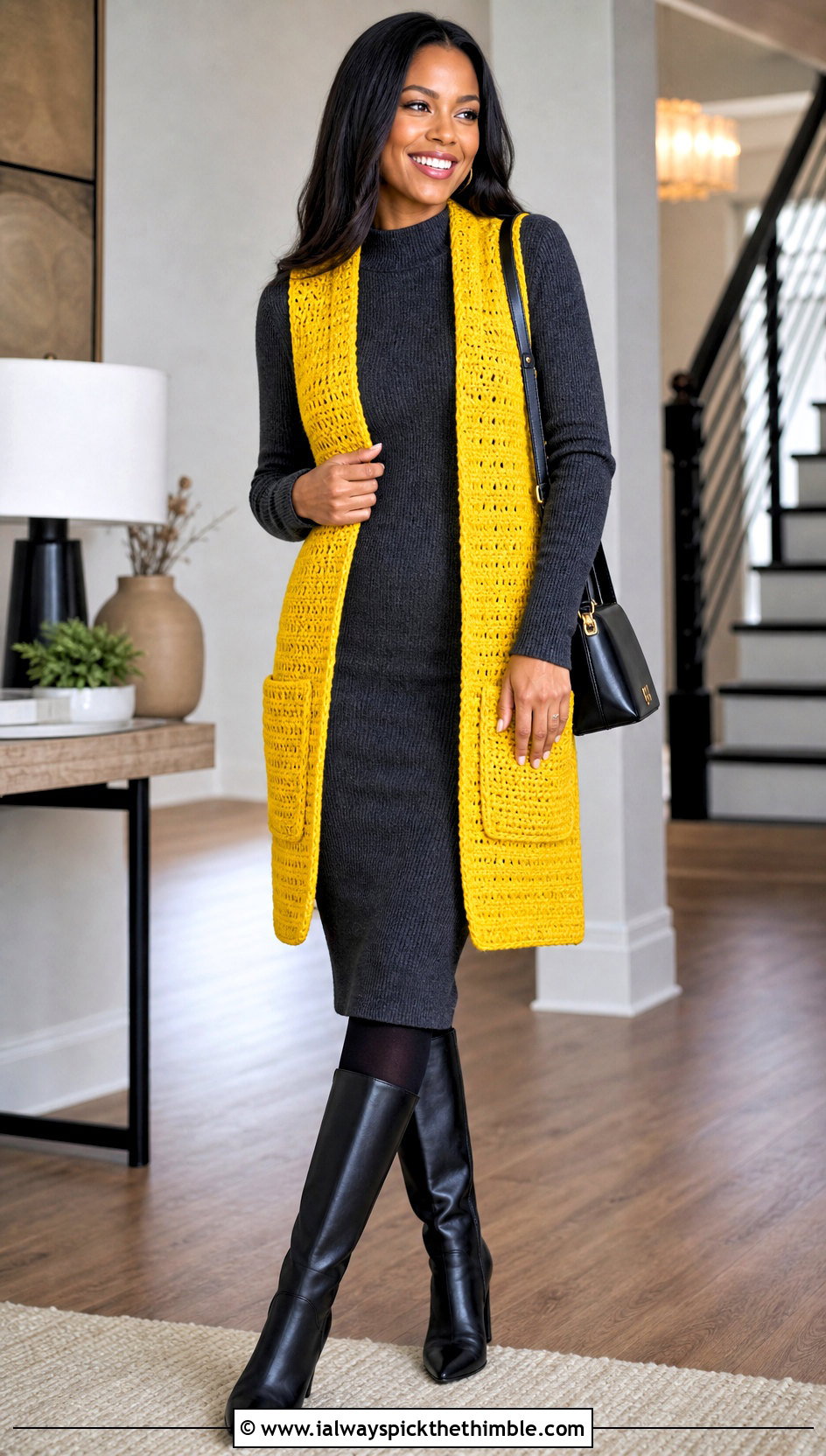 Pocketed Crochet Open Front Vest With Sweater Dress - 20 crochet open front vest outfit ideas