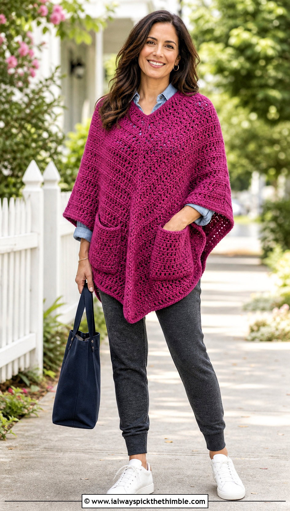 Pocketed Crochet Poncho With A Denim Shirt And Joggers - 20 Crochet For Poncho outfit ideas
