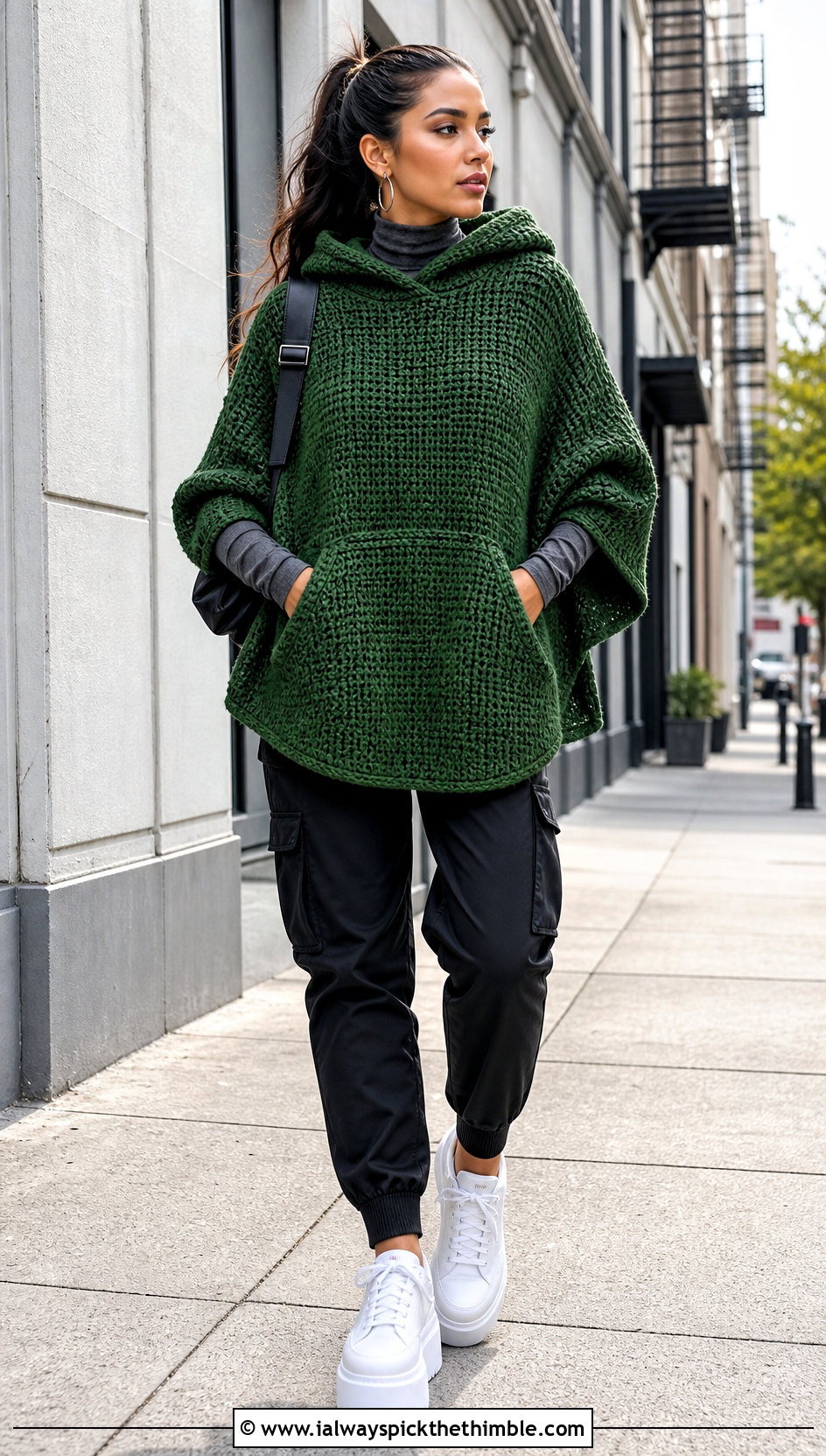 Pocketed Crochet Poncho With Hood and Cargo Pants - 25 crochet poncho with hood outfit ideas