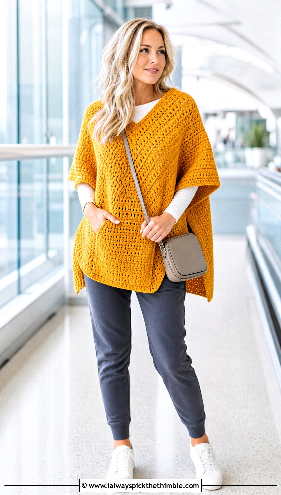 Pocketed Crochet Poncho With Joggers And Trainers - 25 crochet poncho outfit ideas