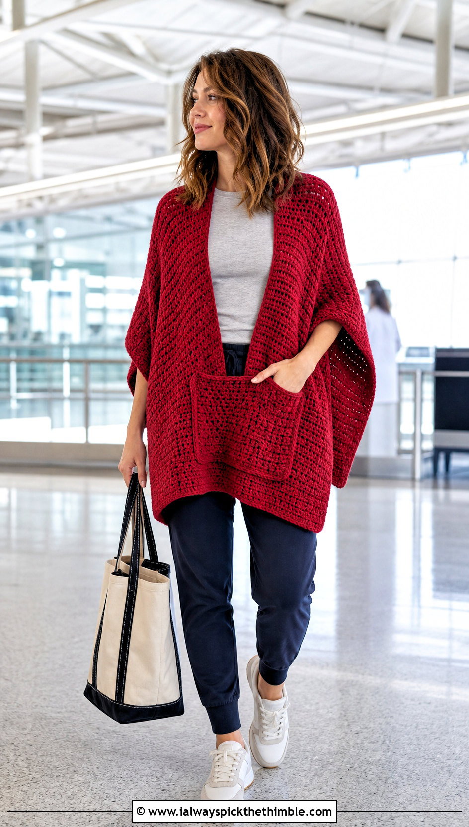 Pocketed Crochet Poncho With Joggers - 20 Easy Simple Crochet Poncho outfit ideas
