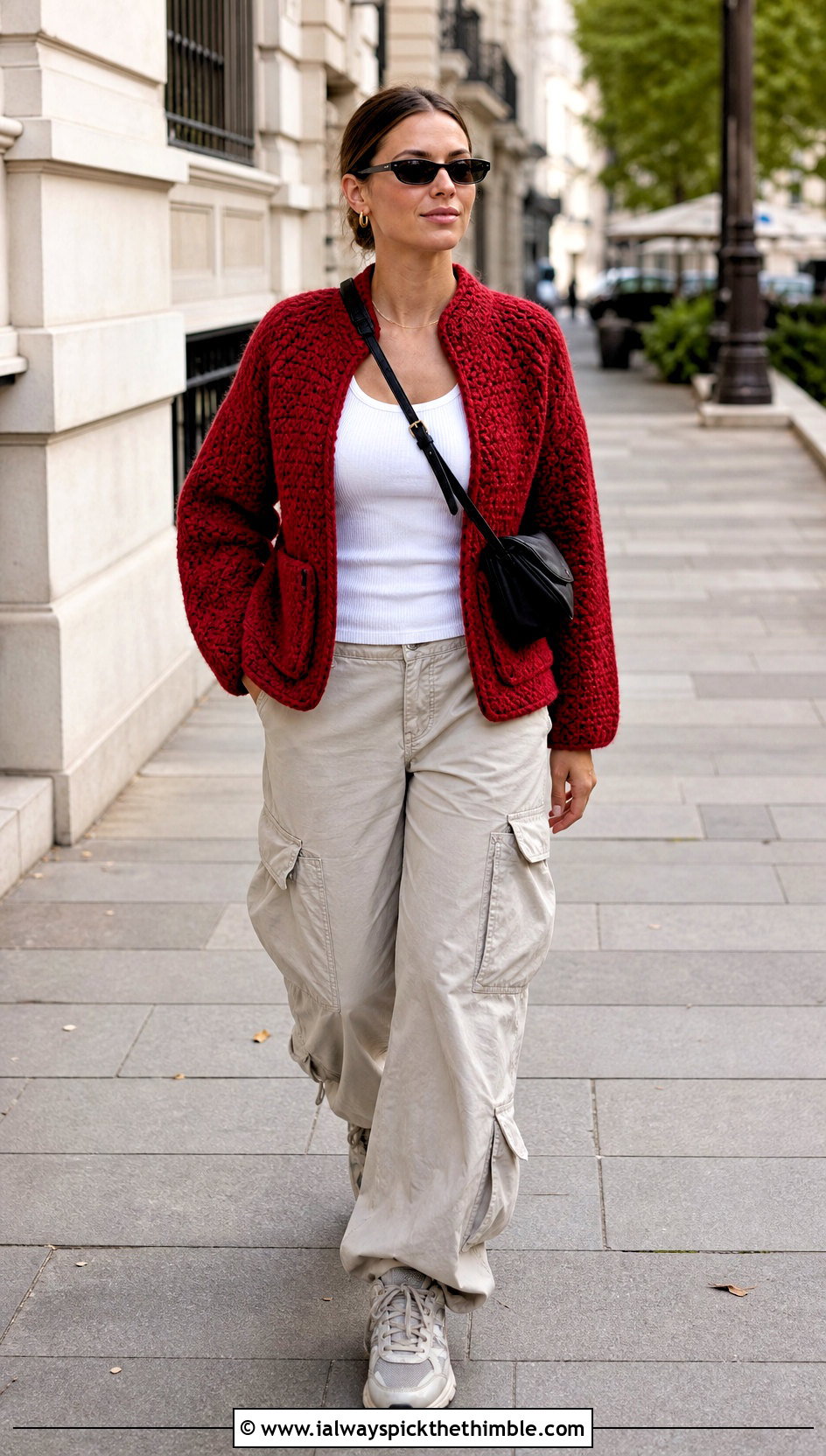 Pocketed Crochet Raglan Jacket With Cargo Pants - 15 crochet raglan jacket outfit ideas