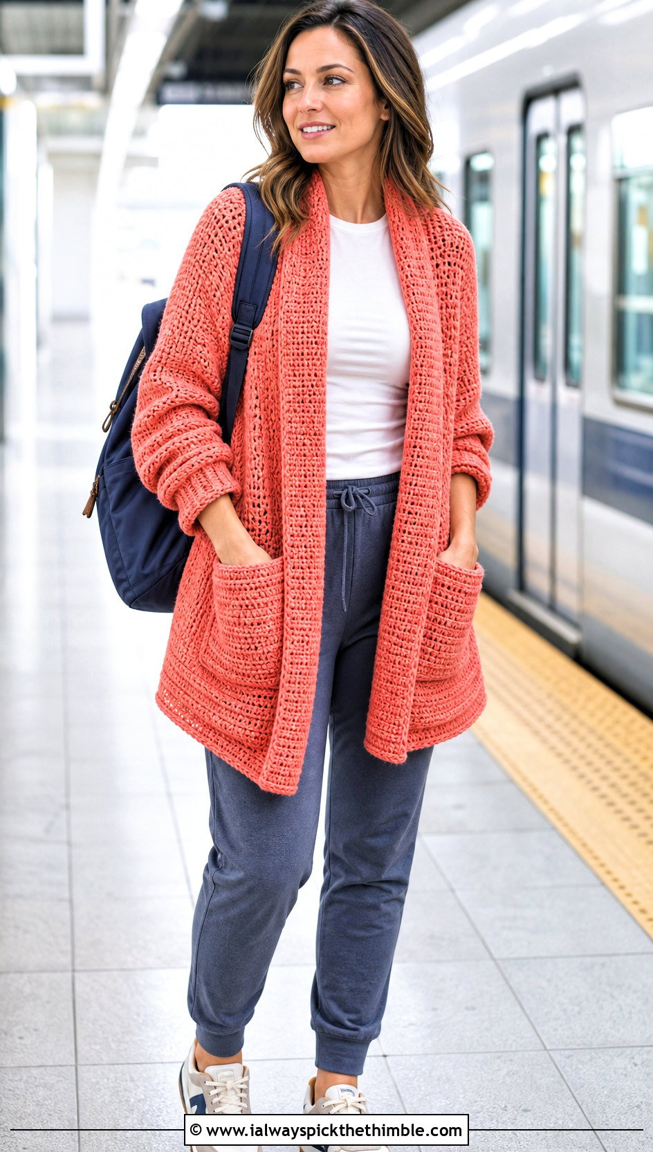 Pocketed Crochet Scarf With Sleeves And Joggers - 25 crochet scarf with sleeves outfit ideas