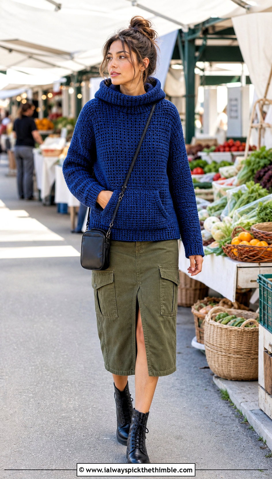 Pocketed Crochet Turtleneck Hoodie With Utility Midi Skirt - 25 crochet turtleneck hoodie outfit ideas