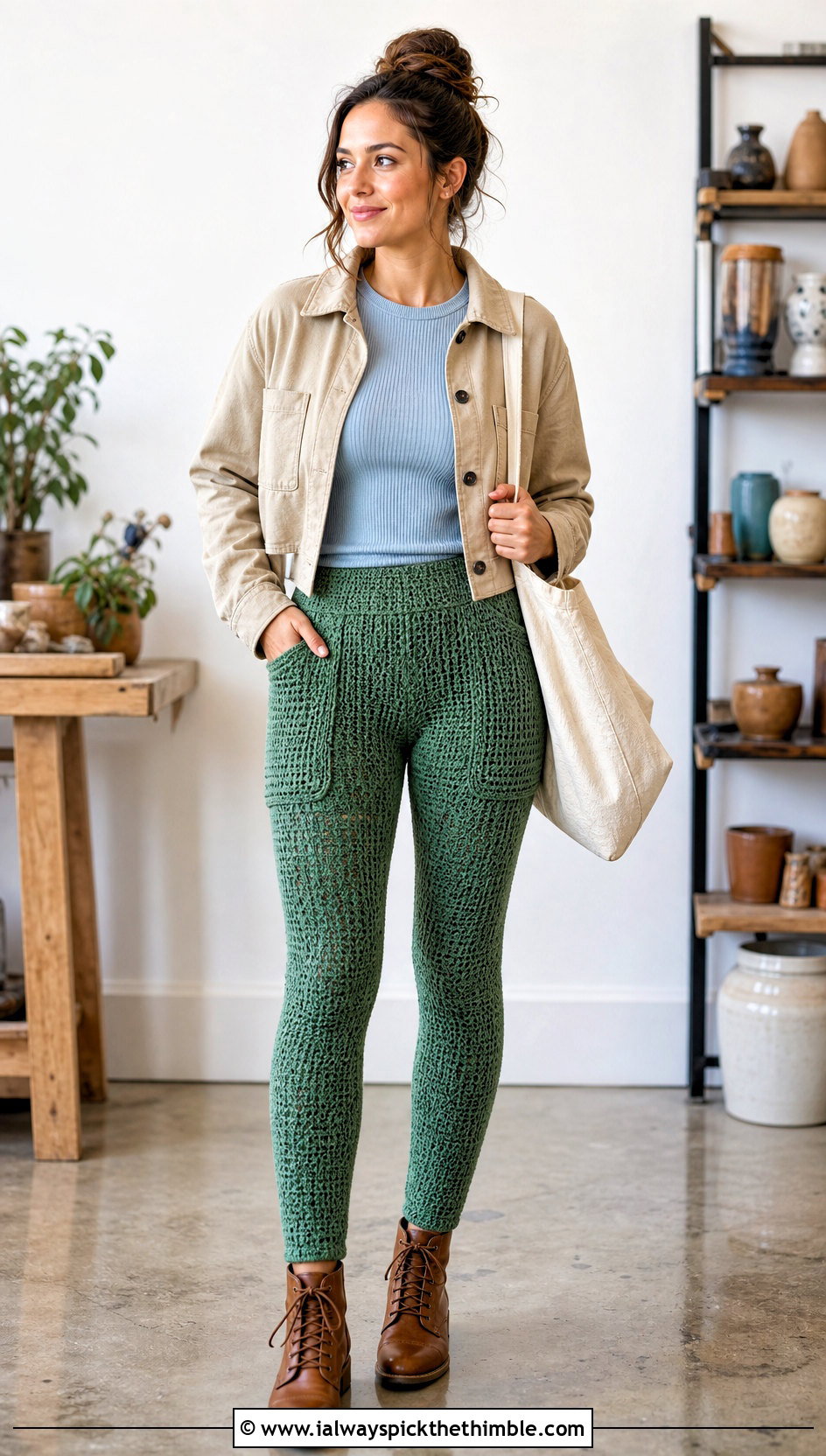 Pocketed Crocheted Leggings With Chore Jacket - 20 Crocheted Leggings outfit ideas