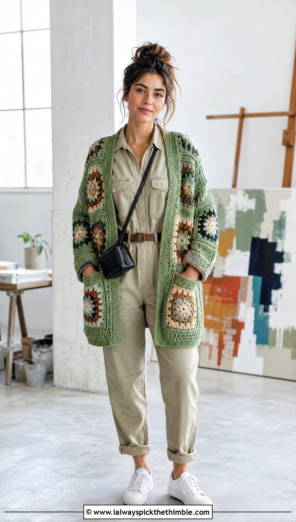 Pocketed Giant Granny Square Cardigan With Utility Jumpsuit - 25 giant granny square cardigan outfit ideas