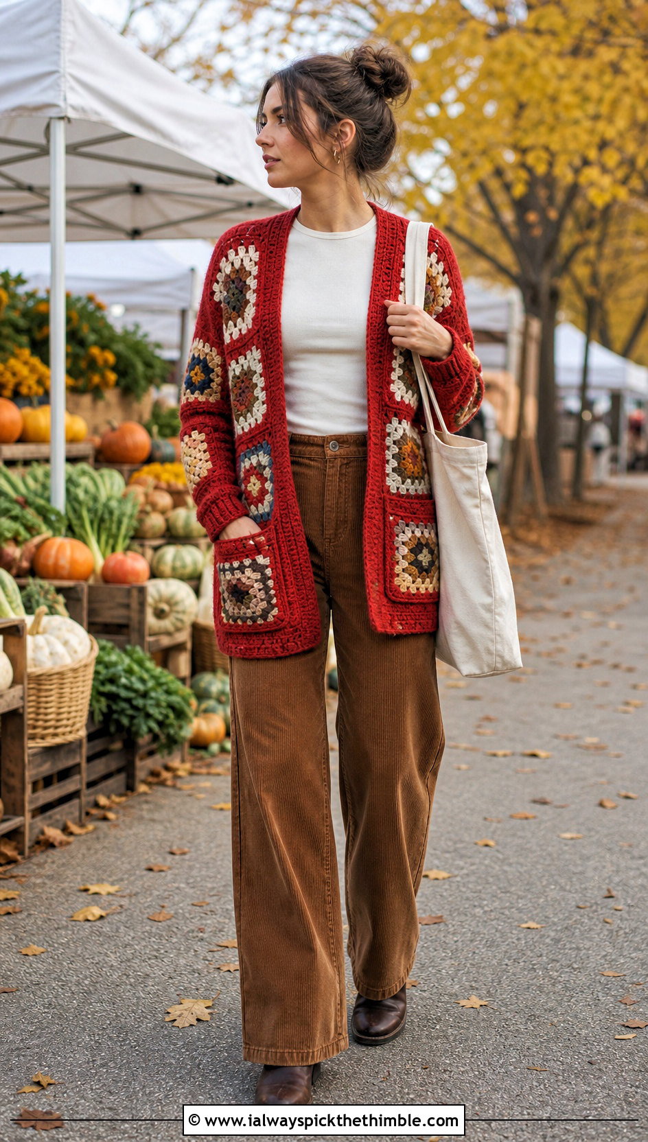 Pocketed Granny Square Cardigan With Corduroy Pants - 25 granny square cardigan outfit ideas