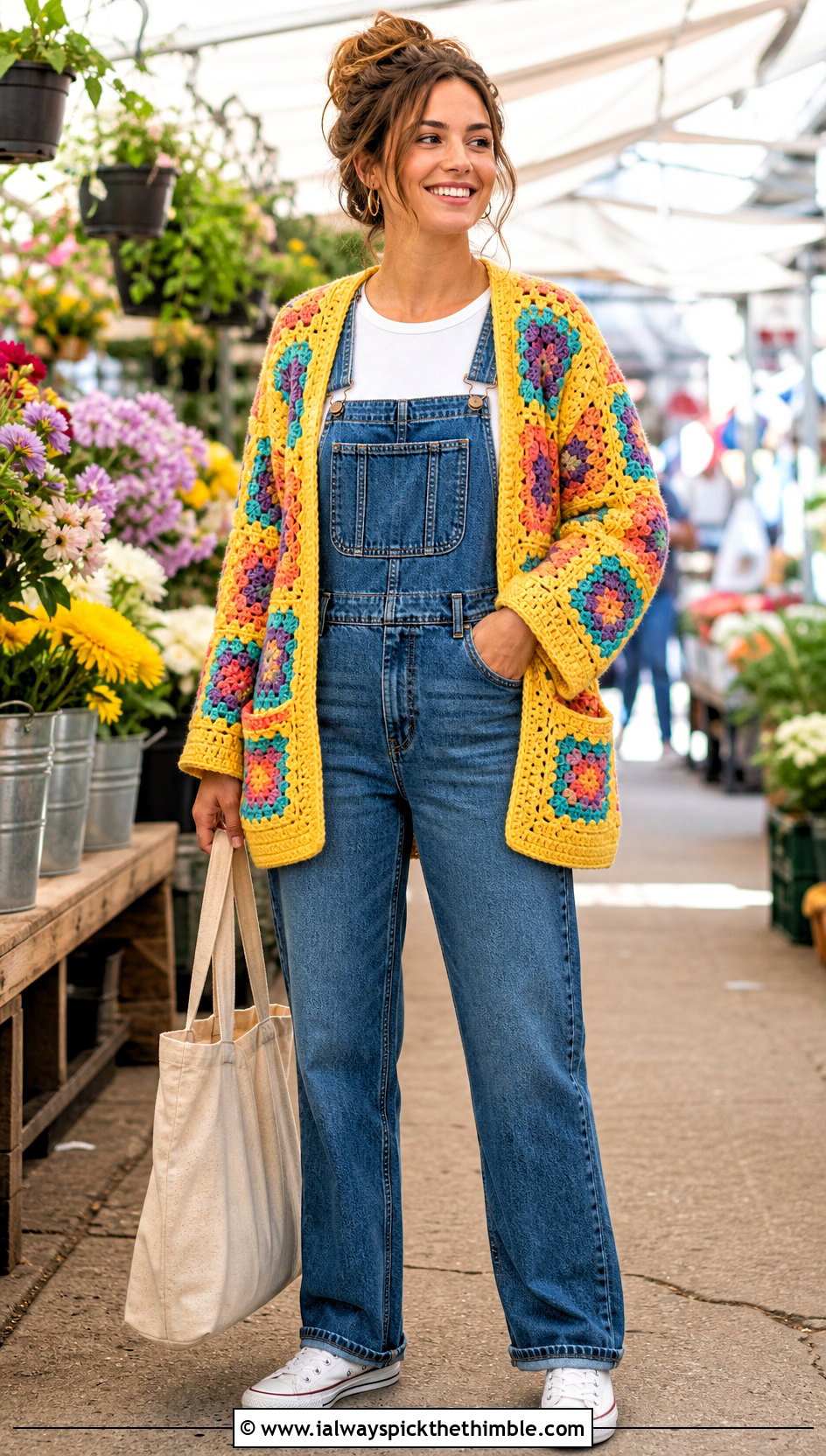 Pocketed Granny Square Cardigan With Denim Overalls - 20 crochet granny squares cardigan outfit ideas