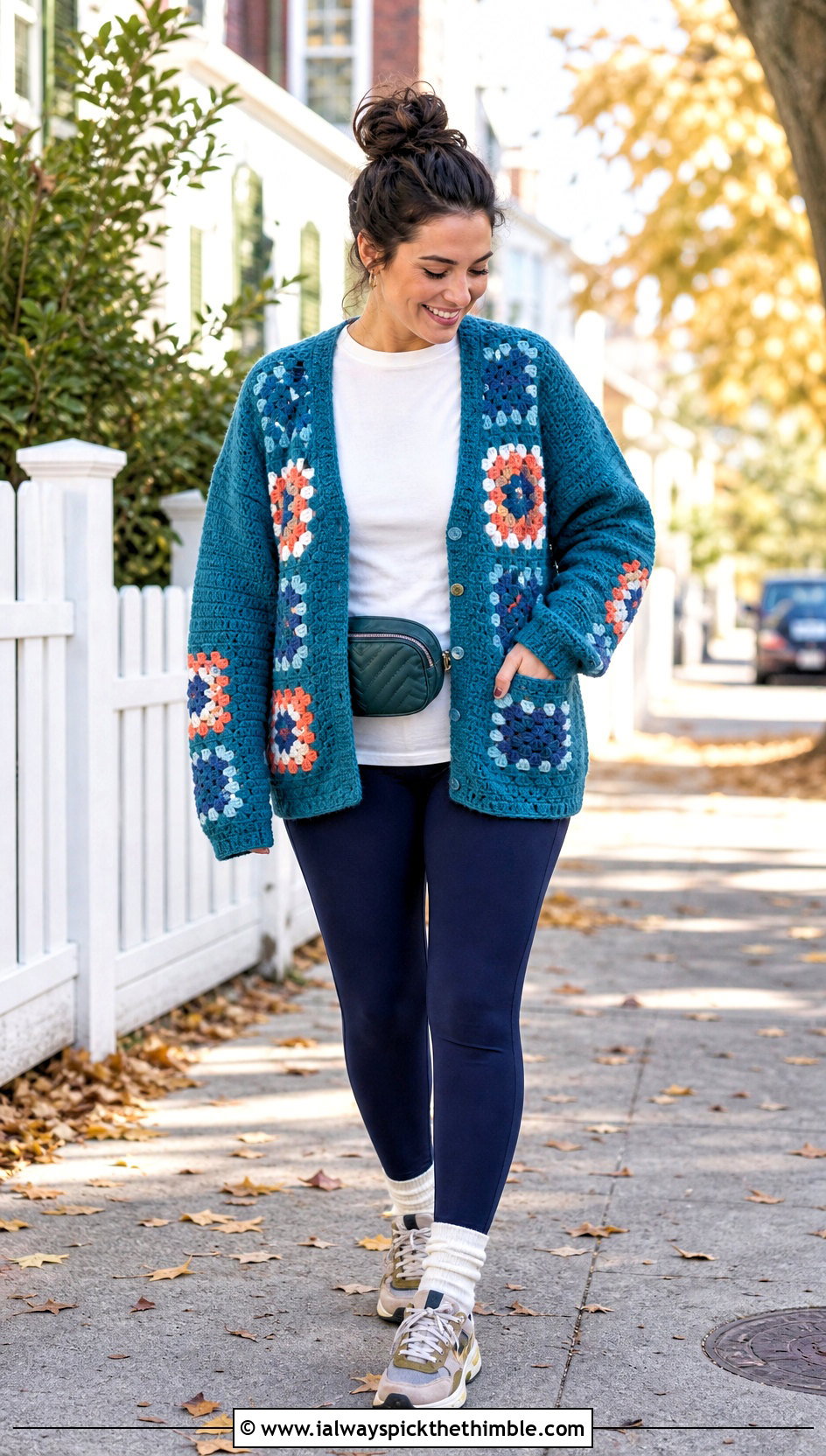 Pocketed Granny Square Cardigan With Leggings - 20 Fall Granny Square Sweater outfit ideas