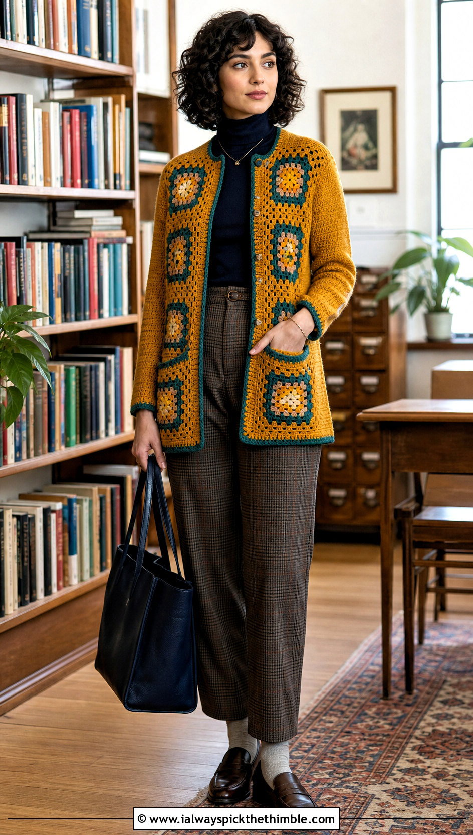Pocketed Granny Square Cardigan With Plaid Trousers - 20 Crochet Fall Granny Square Cardigan outfit ideas