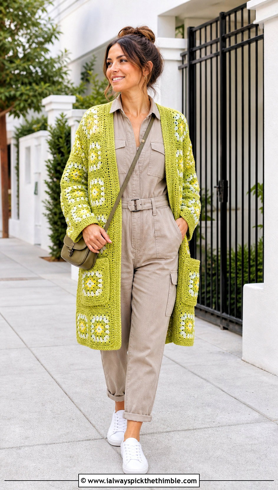 Pocketed Granny Square Cardigan With Utility Jumpsuit - 20 Crochet Cardigan From Square outfit ideas