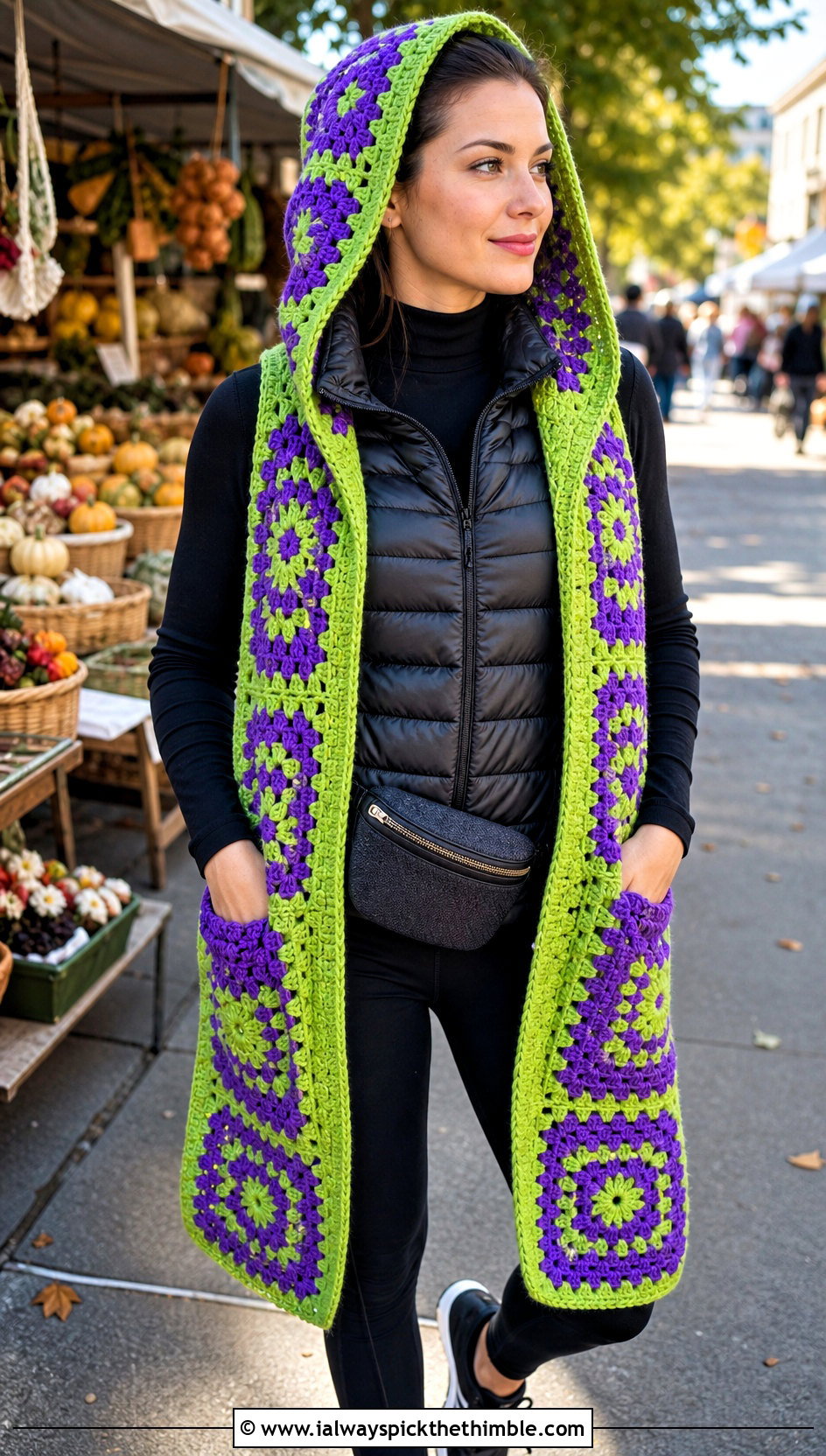 Pocketed Granny Square Crochet Hooded Scarf With Leggings - 20 Granny Square Crochet Hooded Scarf outfit ideas