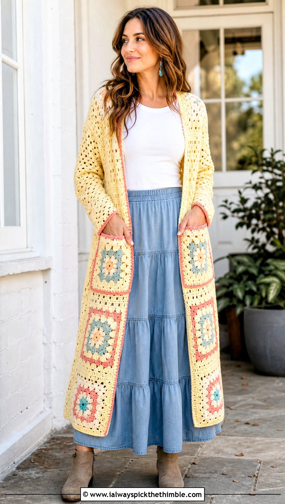 Pocketed Granny Square Duster With Tiered Maxi Skirt - 20 Crochet Granny Square Duster outfit ideas