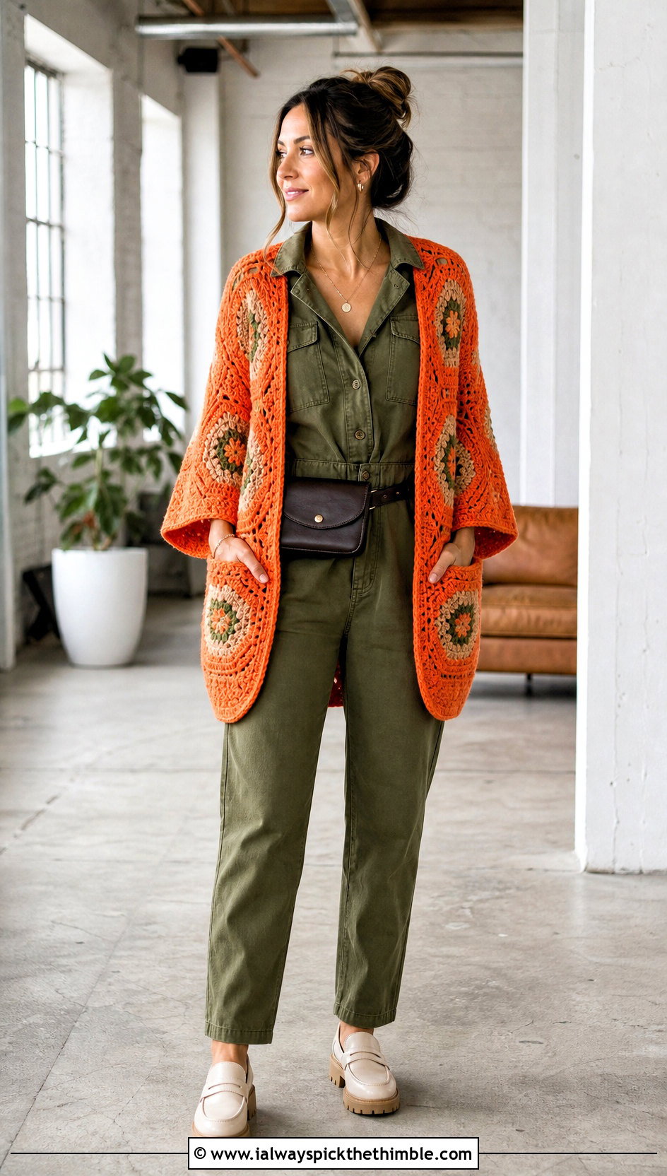 Pocketed Granny Square Hexagon Cardigan With Utility Jumpsuit - 25 granny square hexagon cardigan outfit ideas