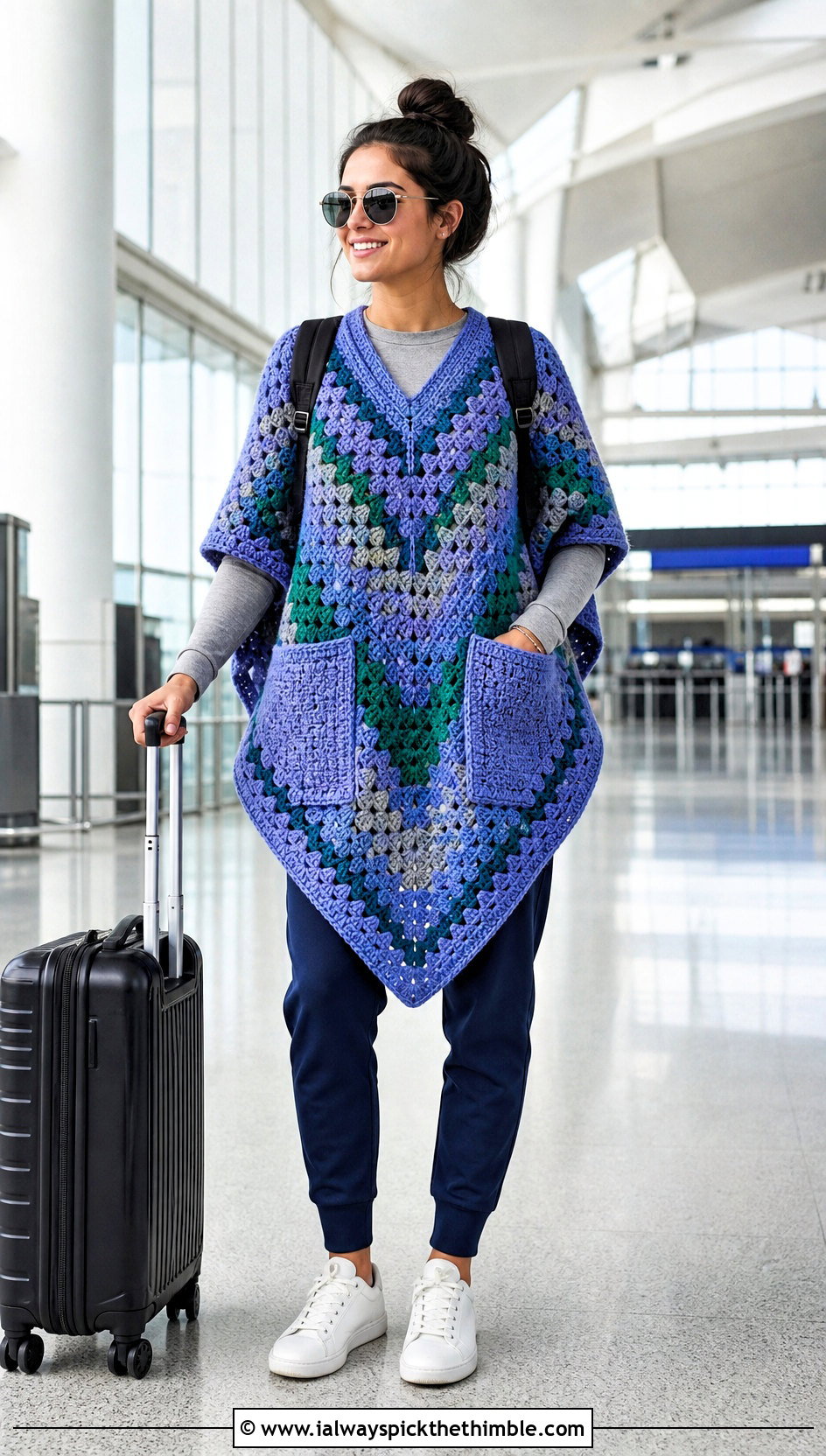 Pocketed Granny Square Poncho With Joggers - 25 crochet granny square poncho outfit ideas