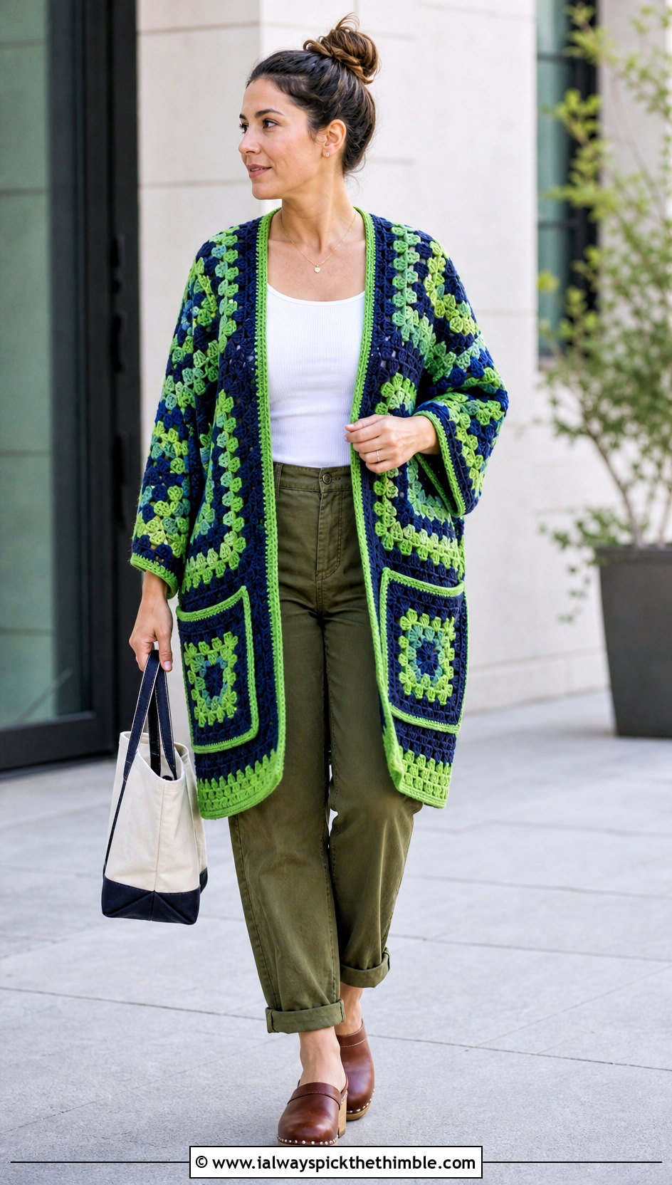 Pocketed Granny Square Ruana With Utility Pants - 20 Granny Square Ruana outfit ideas