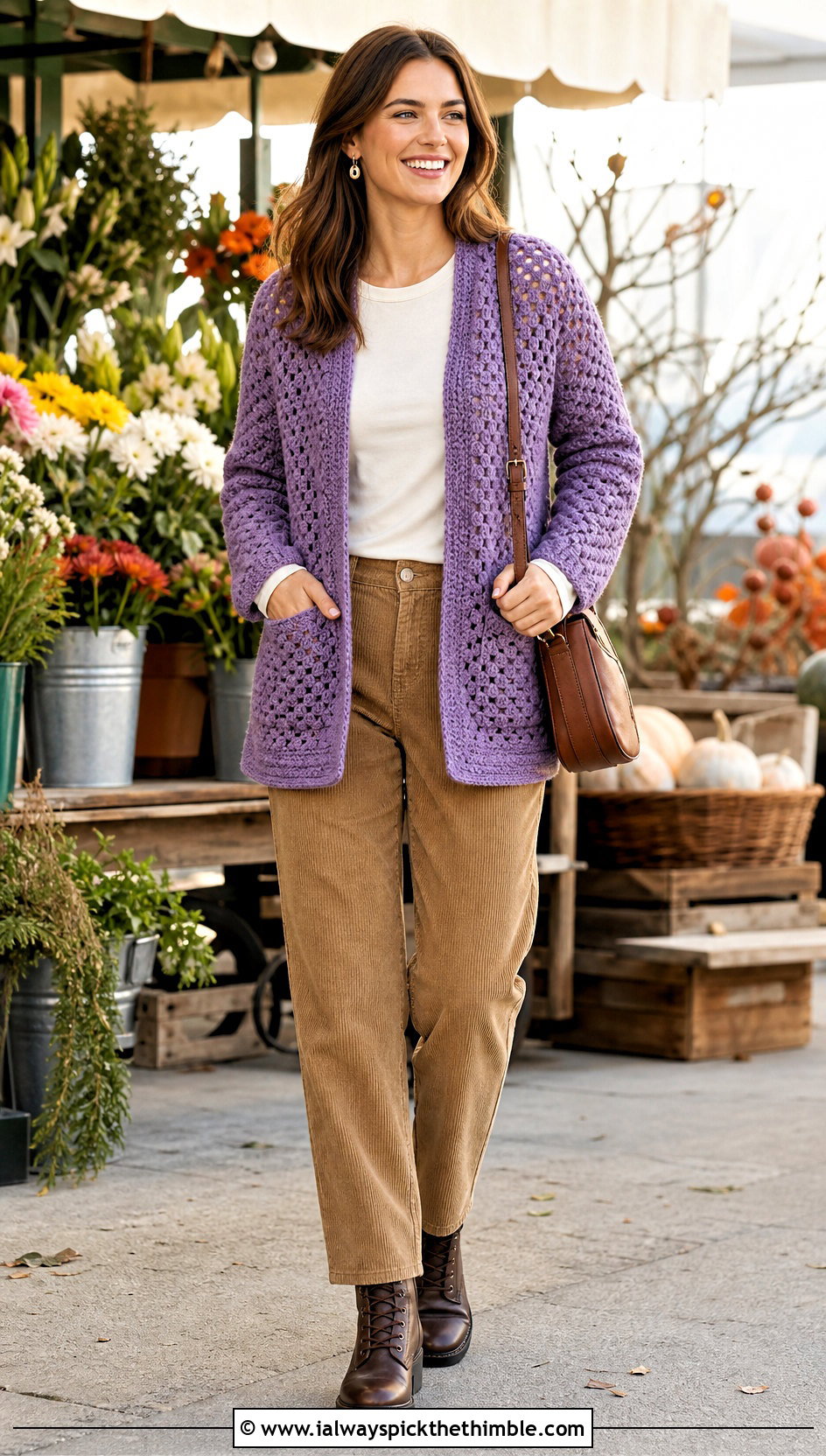 Pocketed Hex Crochet Cardigan With Corduroy Pants - 25 hex crochet cardigan outfit ideas