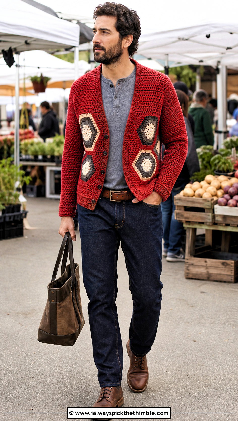 Pocketed Hexagon Cardigan With Workwear Denim - 25 men hexagon crochet cardigan outfit ideas