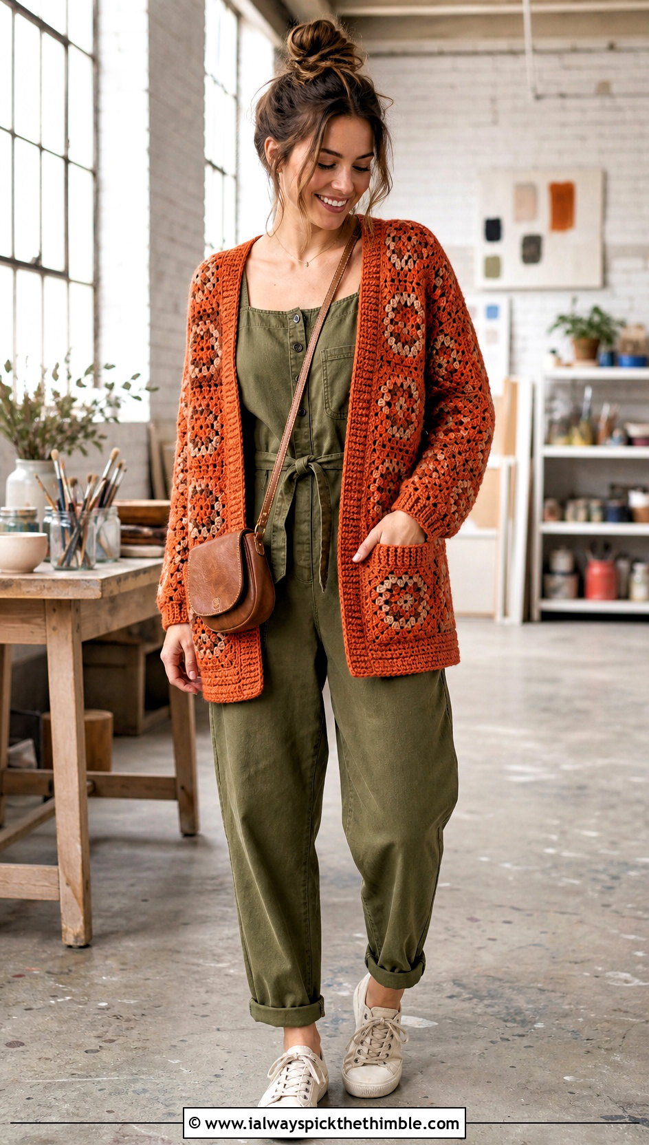 Pocketed Hexagon Granny Square Cardigan With Utility Jumpsuit - 25 hexagon granny square cardigan outfit ideas