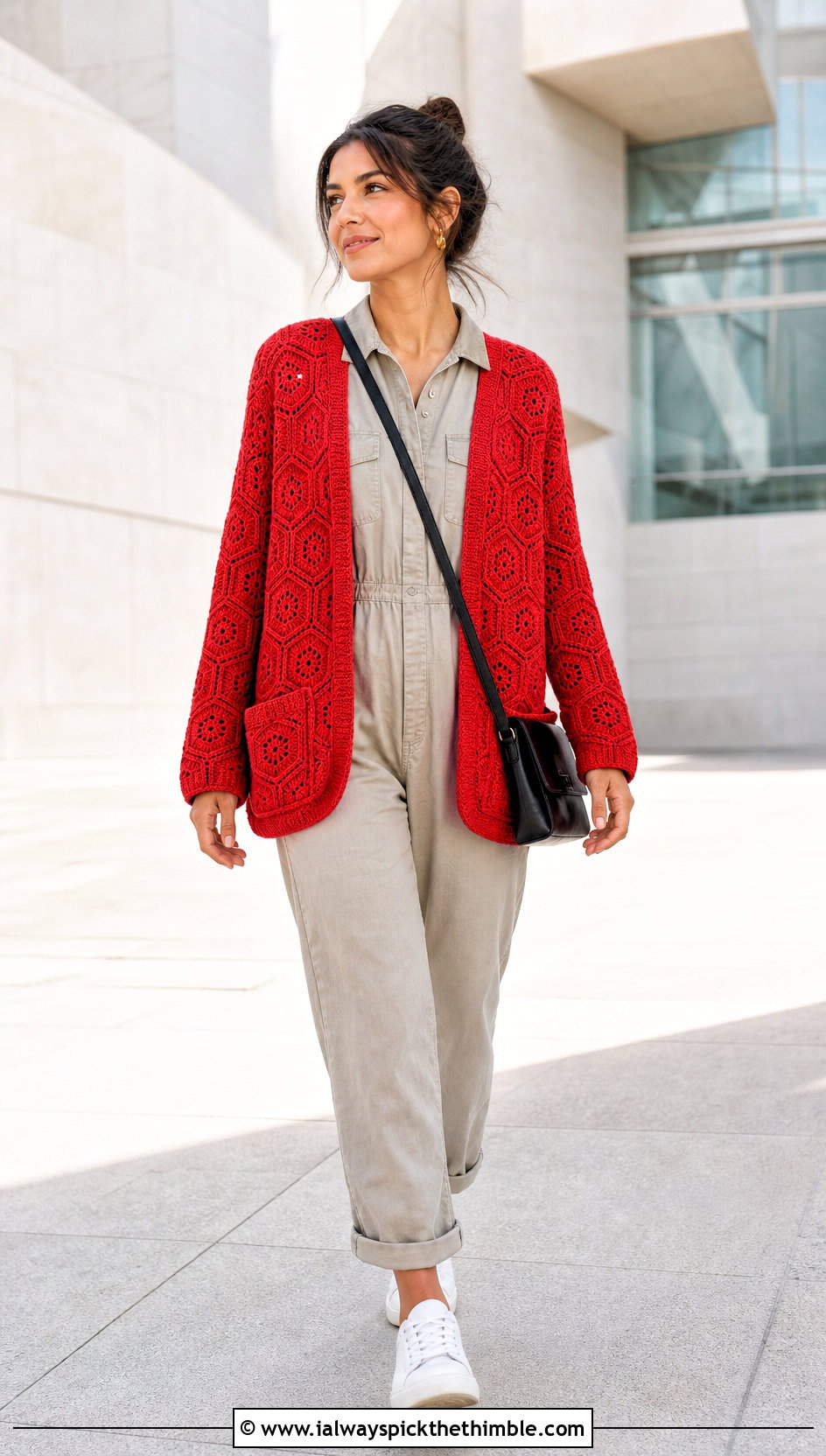 Pocketed Hexi Cardi With Utility Jumpsuit - 25 crochet hexi cardi outfit ideas