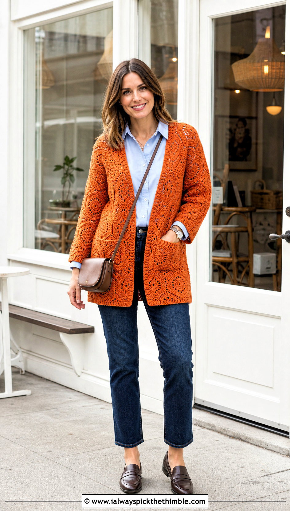 Pocketed Hexi Cardigan With Button Down Shirt And Dark Jeans - 25 crochet hexi cardigan outfit ideas