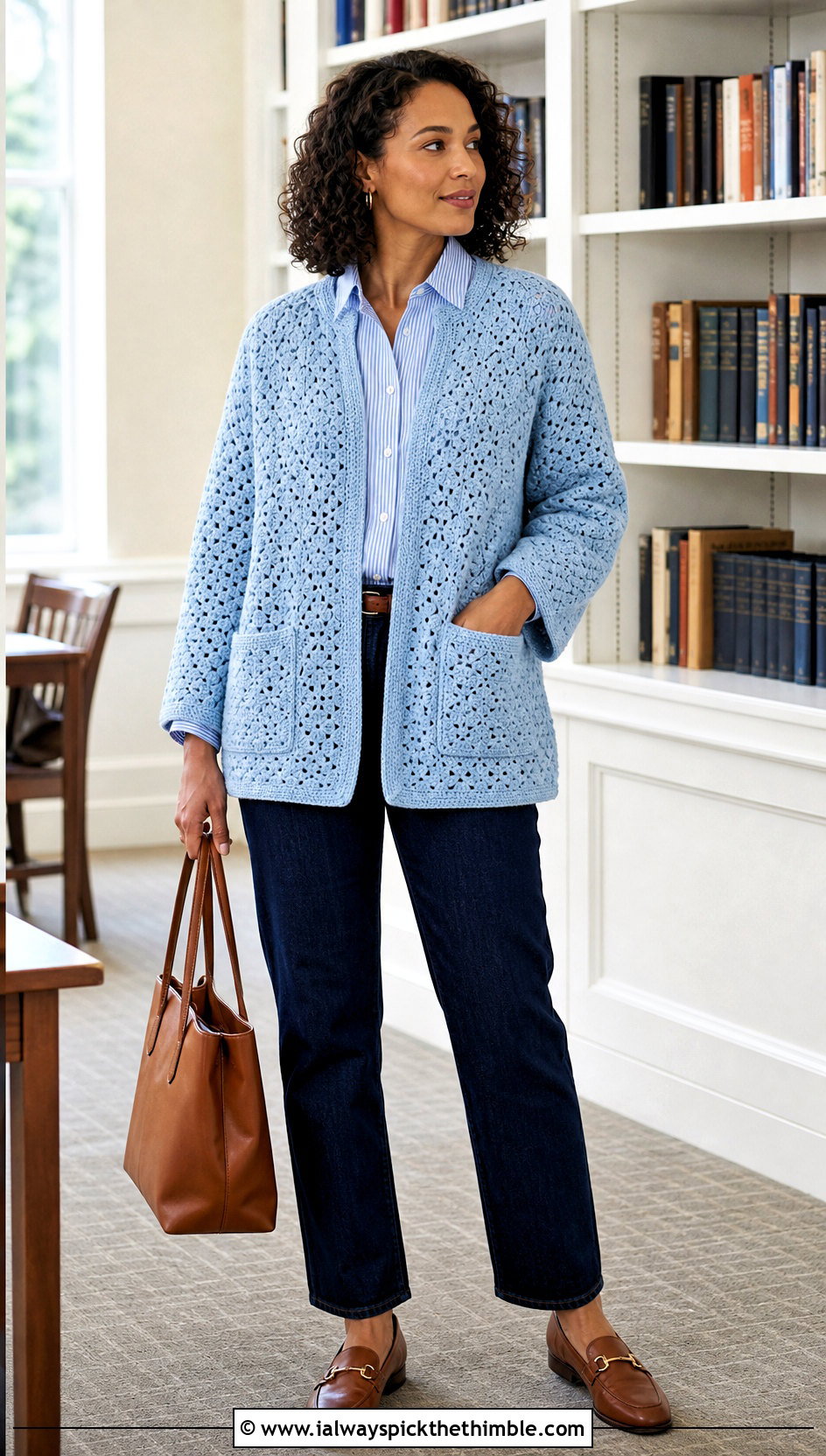 Pocketed Hexi Crochet Cardigan With Button Down Shirt - 25 hexi crochet cardigan outfit ideas