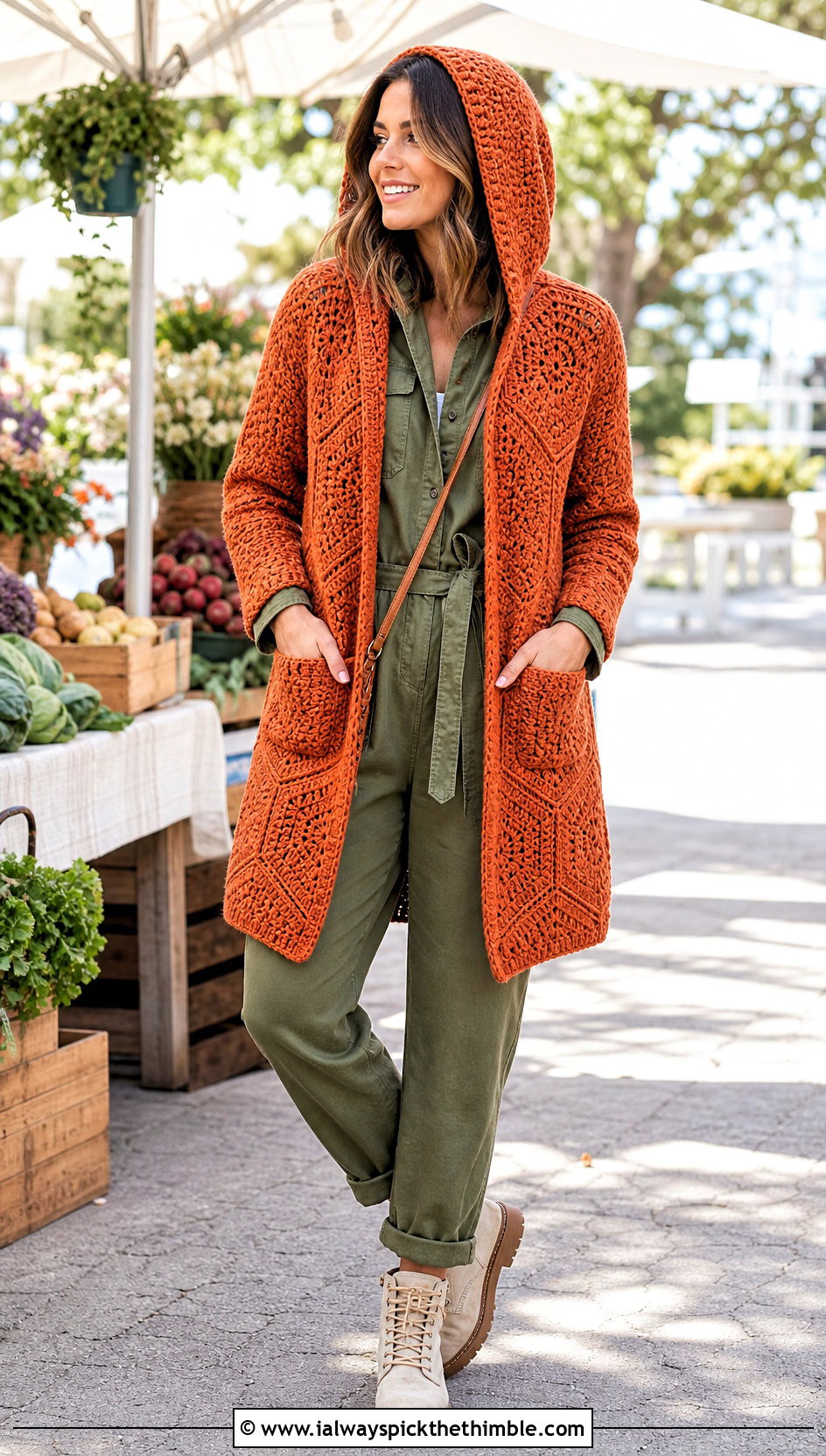 Pocketed Hexi Crochet Hoodie With Utility Jumpsuit - 20 hexi crochet hoodie outfit ideas