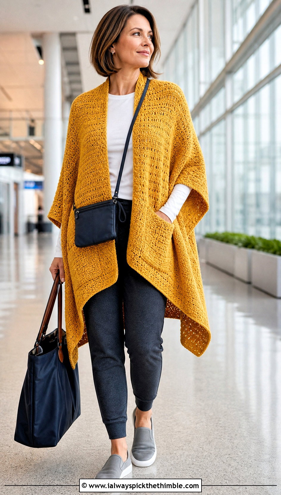 Pocketed High Low Crochet Poncho With Travel Joggers - 15 Crochet Womens Poncho outfit ideas