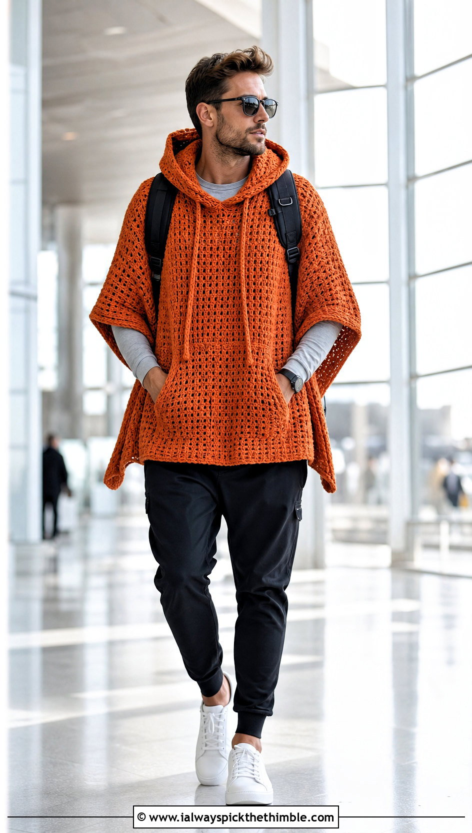 Pocketed Hooded Crochet Poncho With Joggers - 20 crochet men's poncho outfit ideas