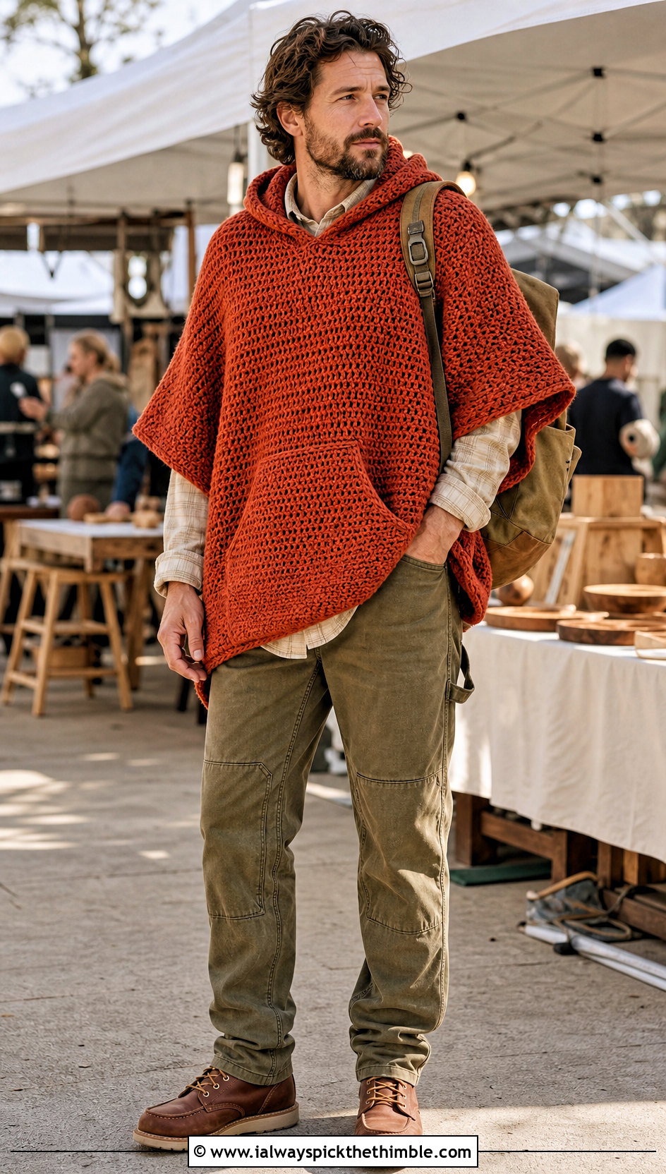 Pocketed Hooded Crochet Poncho With Workwear Pants - 15 mens hooded crochet poncho outfit ideas