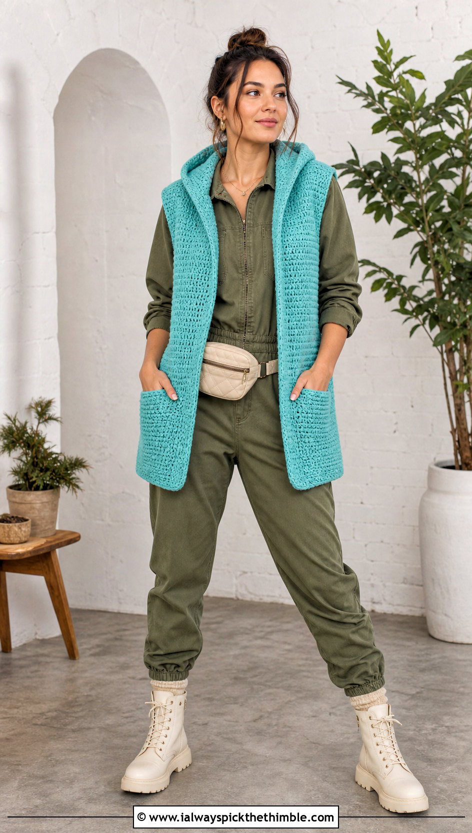 Pocketed Hooded Crochet Vest With Utility Jumpsuit - 20 crochet vest with hood outfit ideas