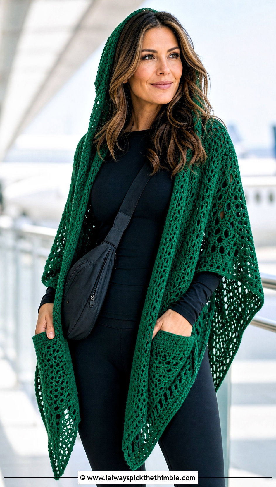 Pocketed Hooded Triangle Crochet Shawl With Leggings And Sneakers - 20 Hooded Triangle Crochet Shawl outfit ideas