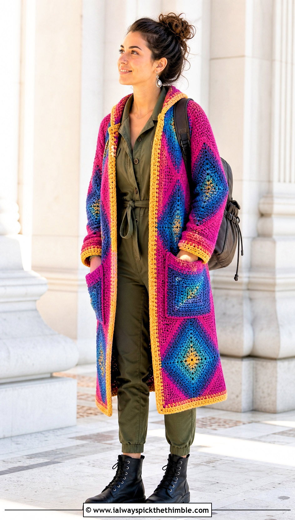 Pocketed Howl Crochet Coat With Utility Jumpsuit - 20 howl crochet coat outfit ideas