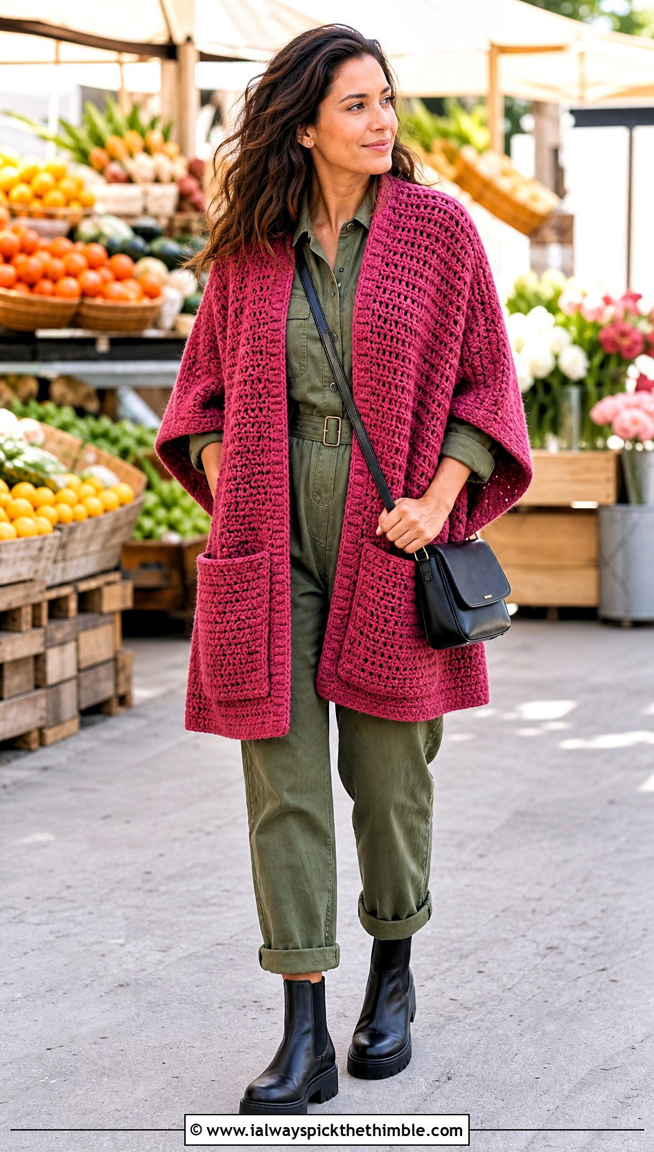 Pocketed Rectangle Poncho With Utility Jumpsuit - 20 crochet rectangle poncho outfit ideas