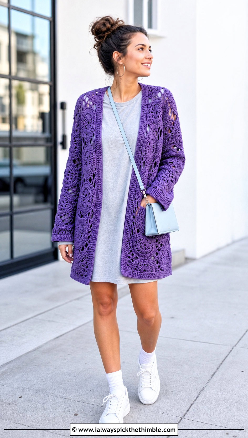 Pocketed Solid Hexagon Cardigan With T Shirt Dress - 20 crochet solid hexagon cardigan outfit ideas