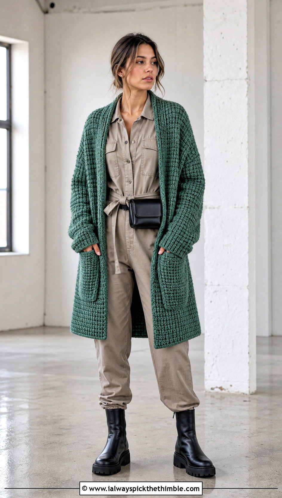 Pocketed Waffle Stitch Blanket Crochet Cardigan With Jumpsuit - 20 blanket crochet cardigan outfit ideas