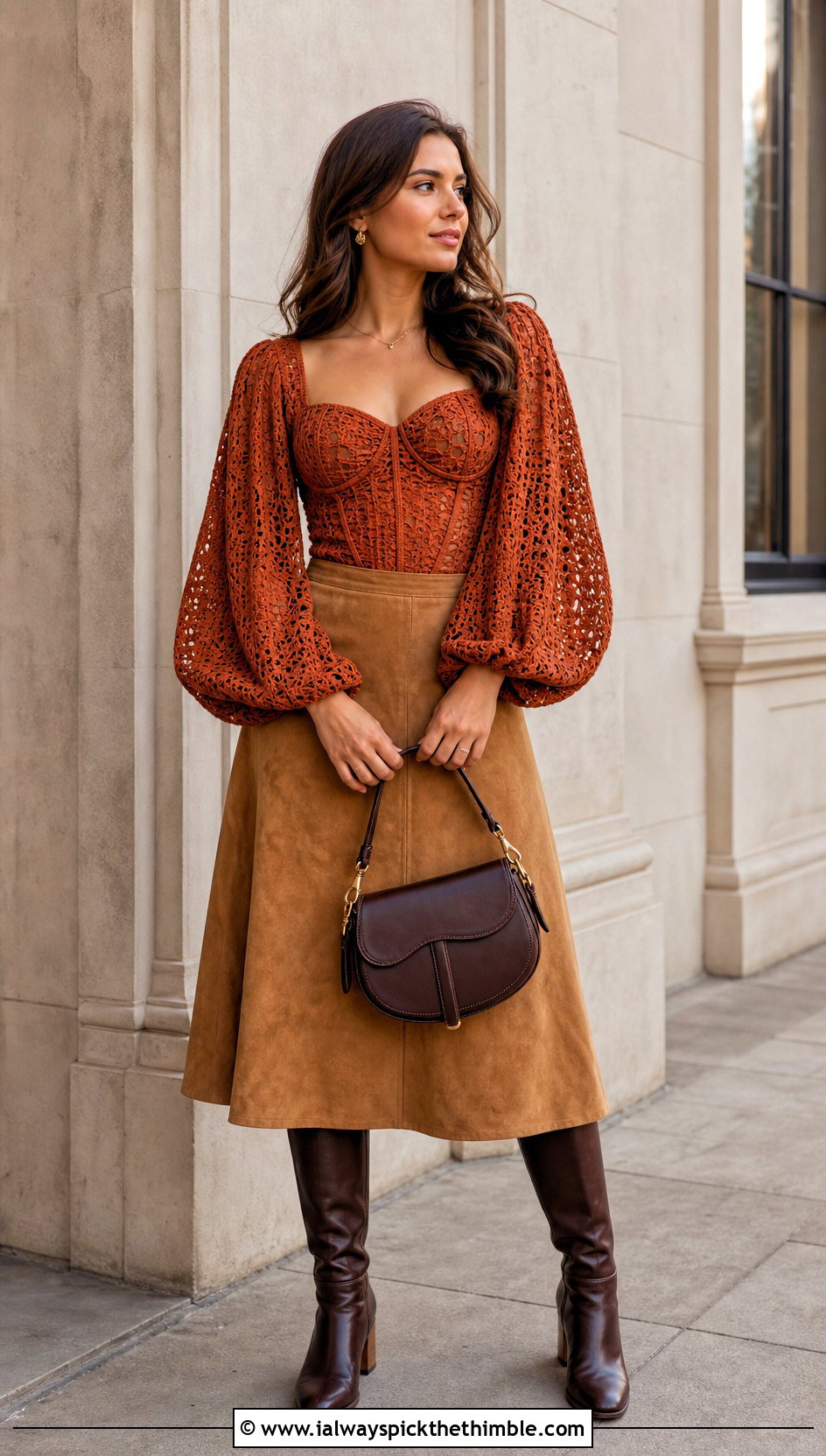 Poet Sleeve Crochet Corset Top With Suede Skirt - 20 crochet corset top with sleeves outfit ideas
