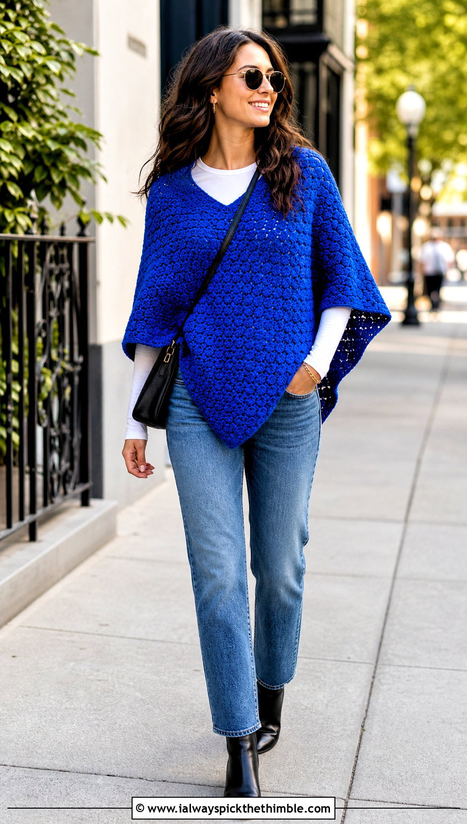 Point Front C2C Poncho With Straight Leg Jeans - 15 Crochet C2C Poncho outfit ideas