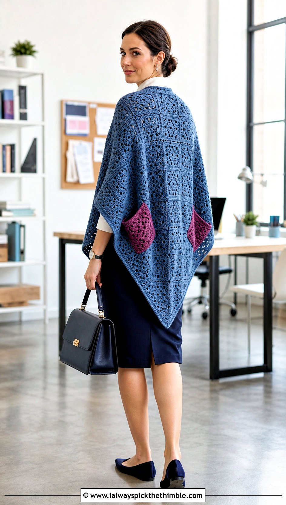 Pointed Back Granny Square Pocket Shawl With Pencil Skirt - 20 Granny Square Pocket Shawl outfit ideas