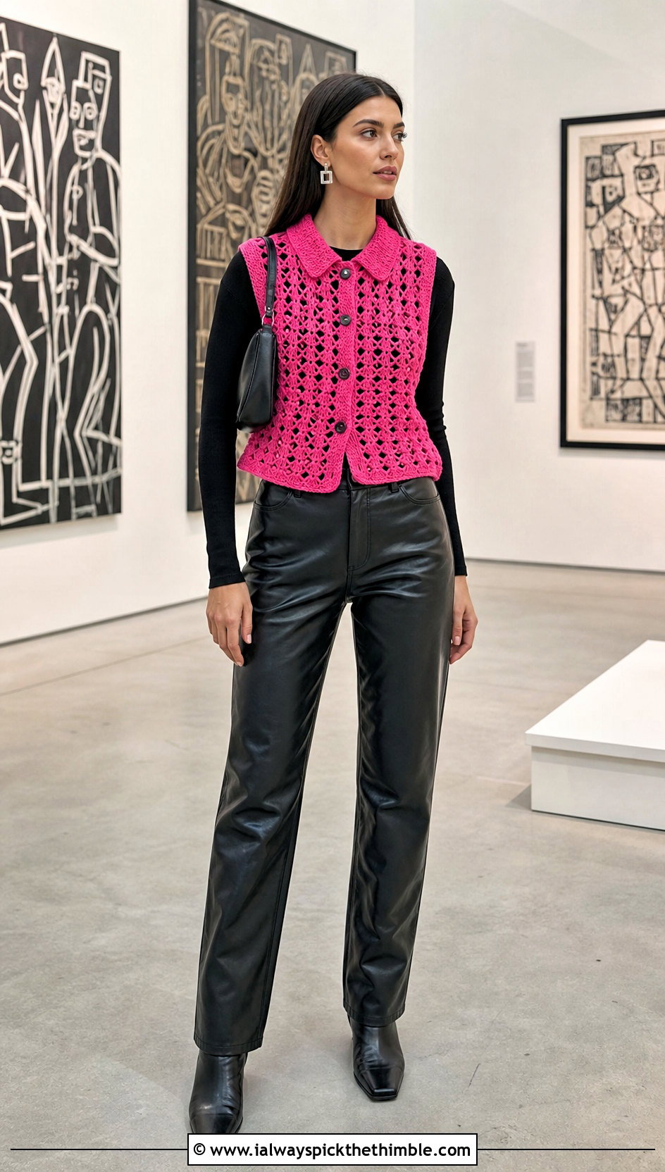 Pointed Collar Crochet Vest With Leather Pants - 20 crochet vest with collar outfit ideas